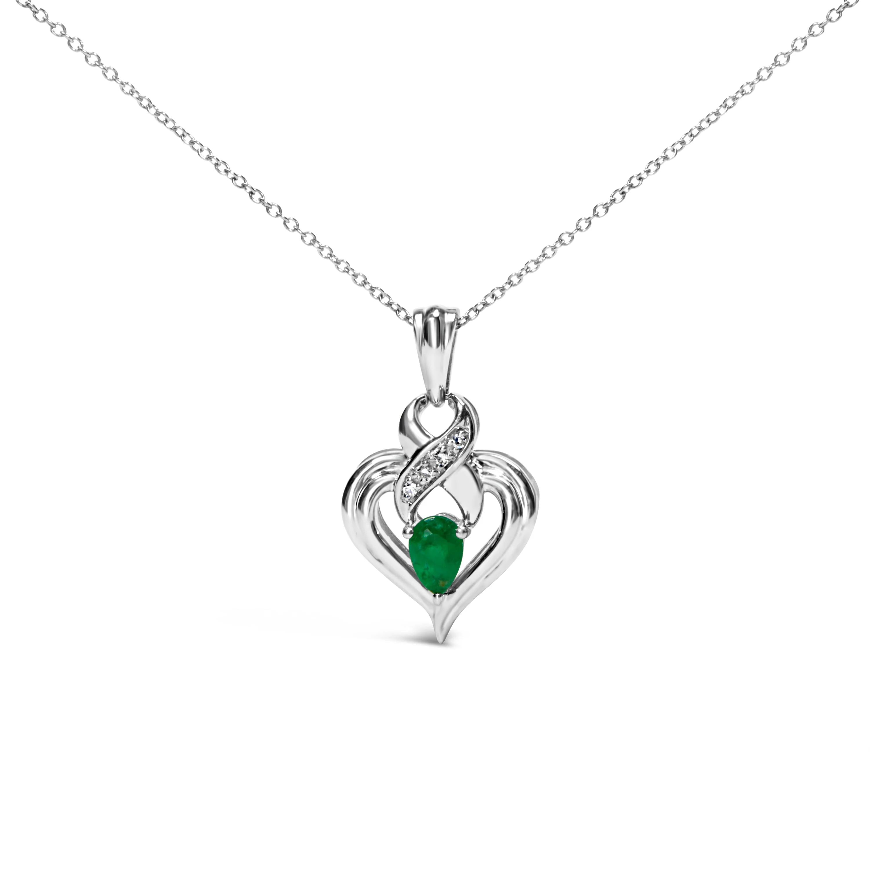 .925 Sterling Silver 6x4mm Pear Emerald and Diamond Accent Heart Pendant Necklace (H-I Color, SI1-SI2 Clarity) - 18 Inches - Image 4