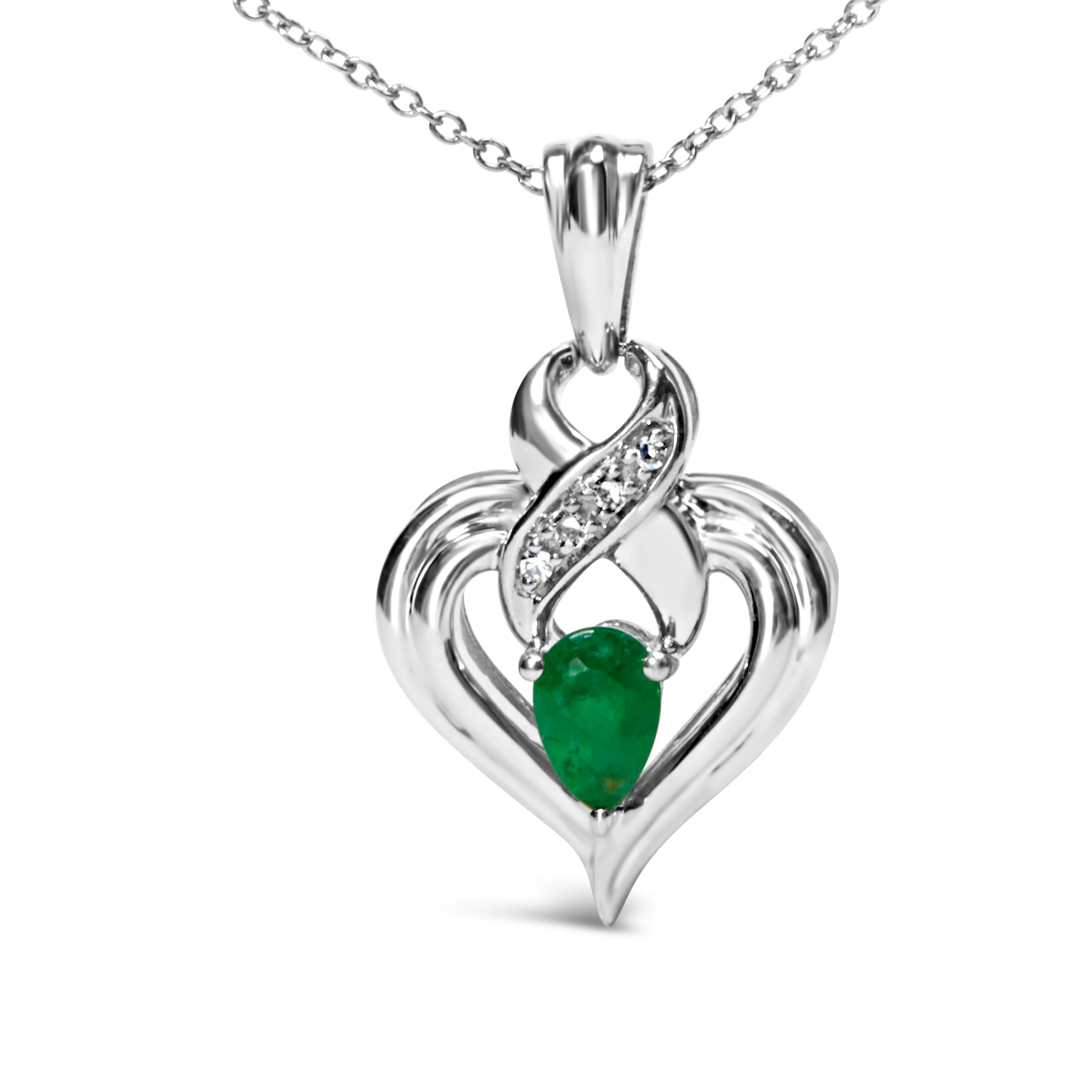 .925 Sterling Silver 6x4mm Pear Emerald and Diamond Accent Heart Pendant Necklace (H-I Color, SI1-SI2 Clarity) - 18 Inches - Image 5