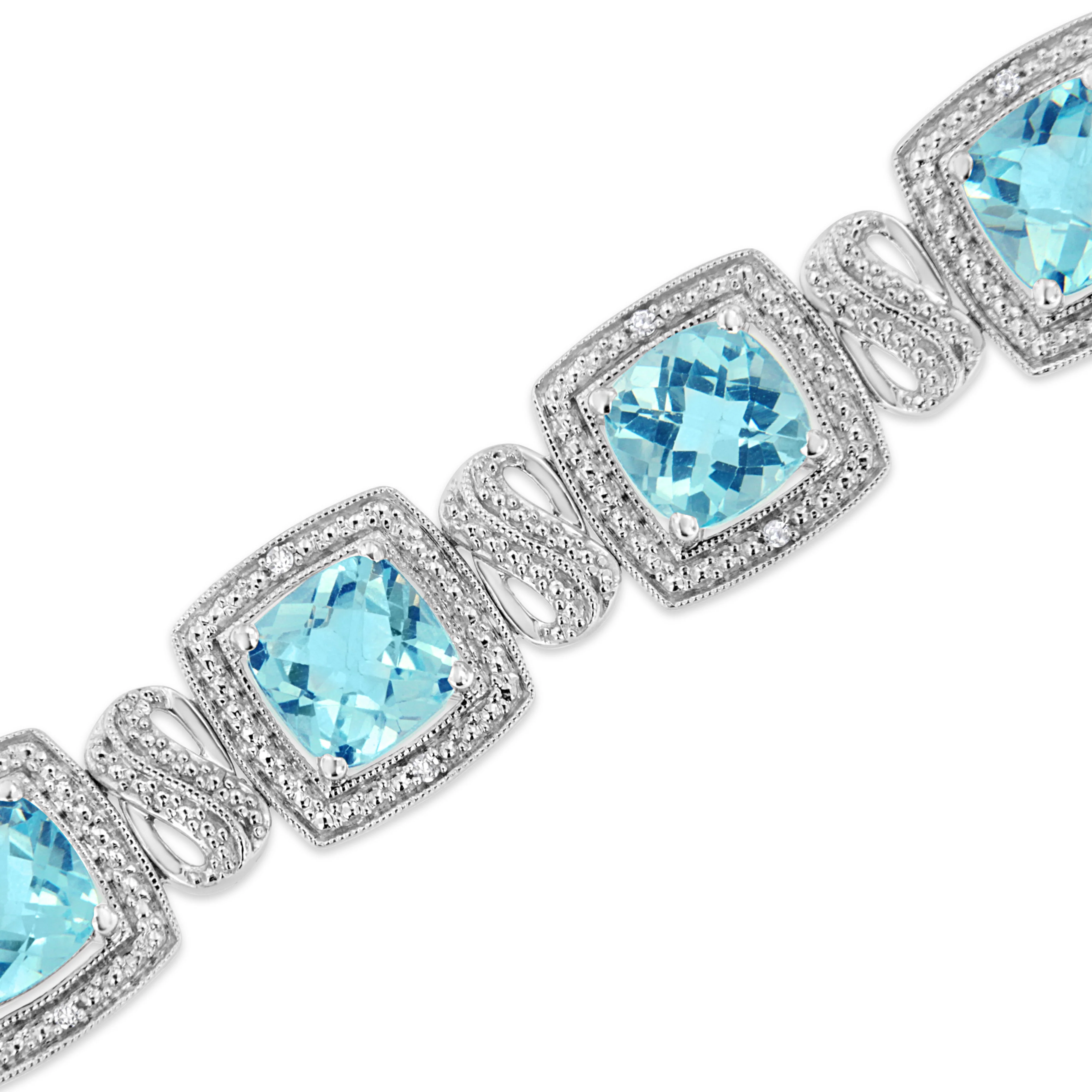 .925 Sterling Silver 7x7 mm Cushion Cut Blue Topaz and 1/10 Ctw Single Cut Diamond Square Shape Tennis Bracelet (I-J Color, I1-I2 Clarity) - 7" - Image 4
