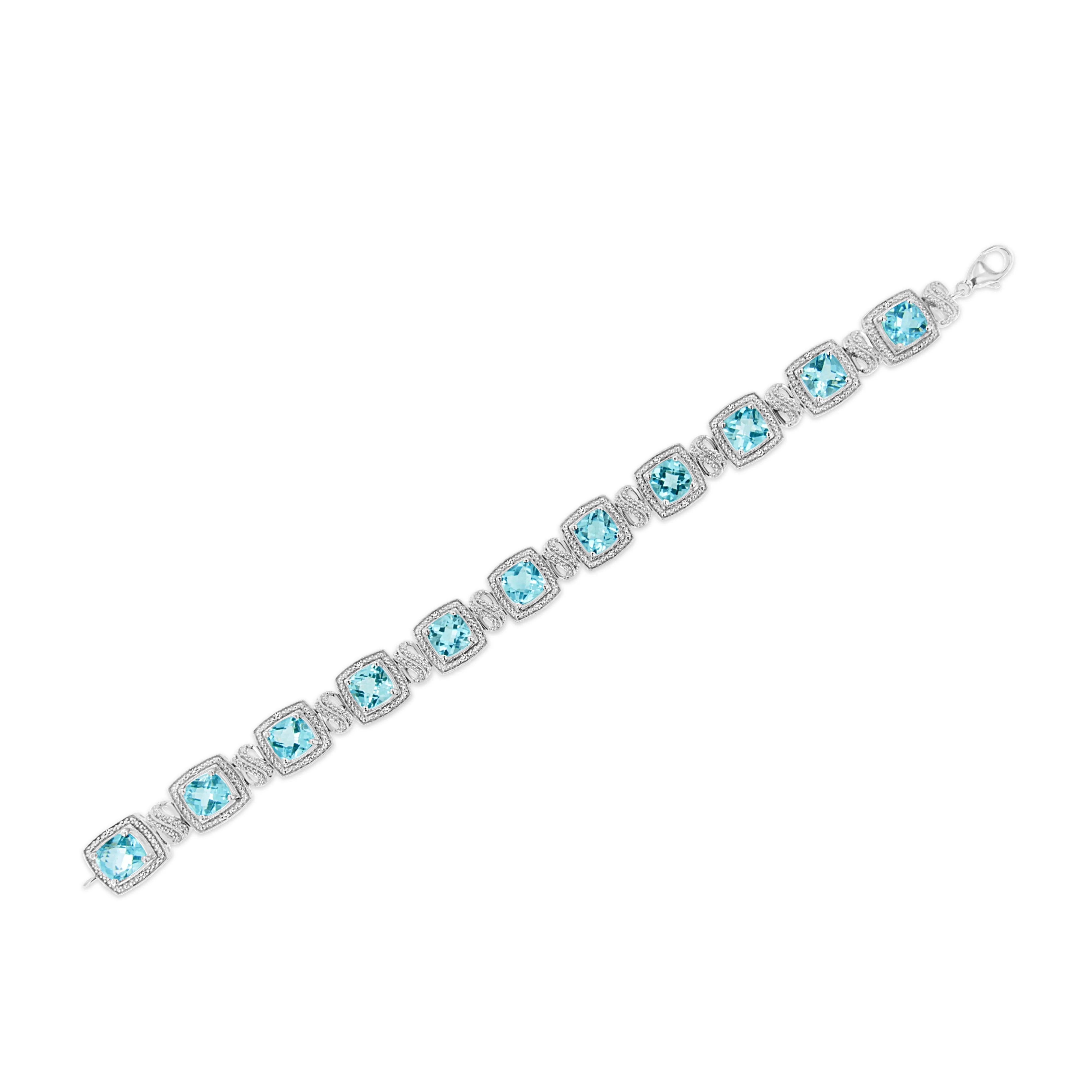 .925 Sterling Silver 7x7 mm Cushion Cut Blue Topaz and 1/10 Ctw Single Cut Diamond Square Shape Tennis Bracelet (I-J Color, I1-I2 Clarity) - 7" - Image 5