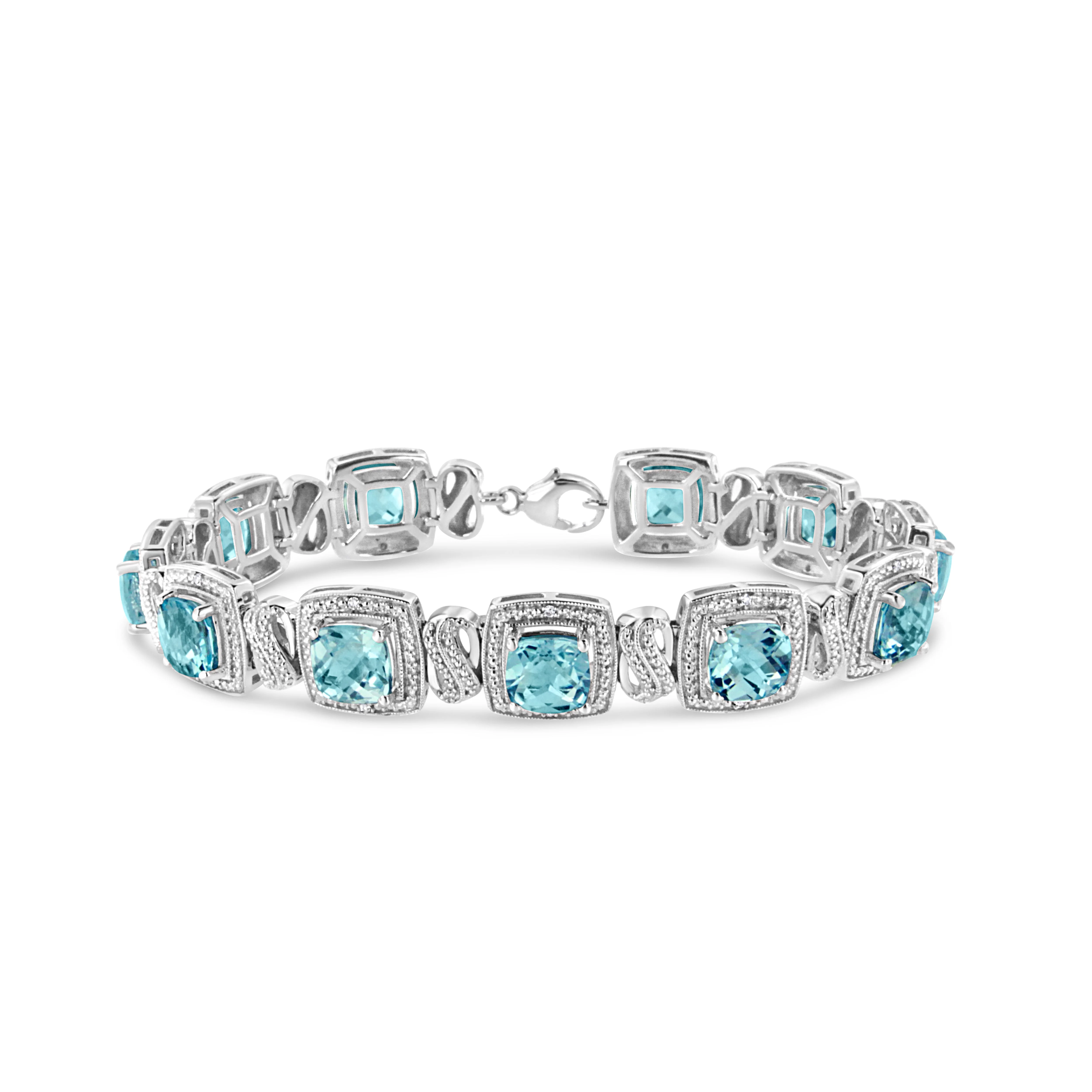 .925 Sterling Silver 7x7 mm Cushion Cut Blue Topaz and 1/10 Ctw Single Cut Diamond Square Shape Tennis Bracelet (I-J Color, I1-I2 Clarity) - 7" - Image 6