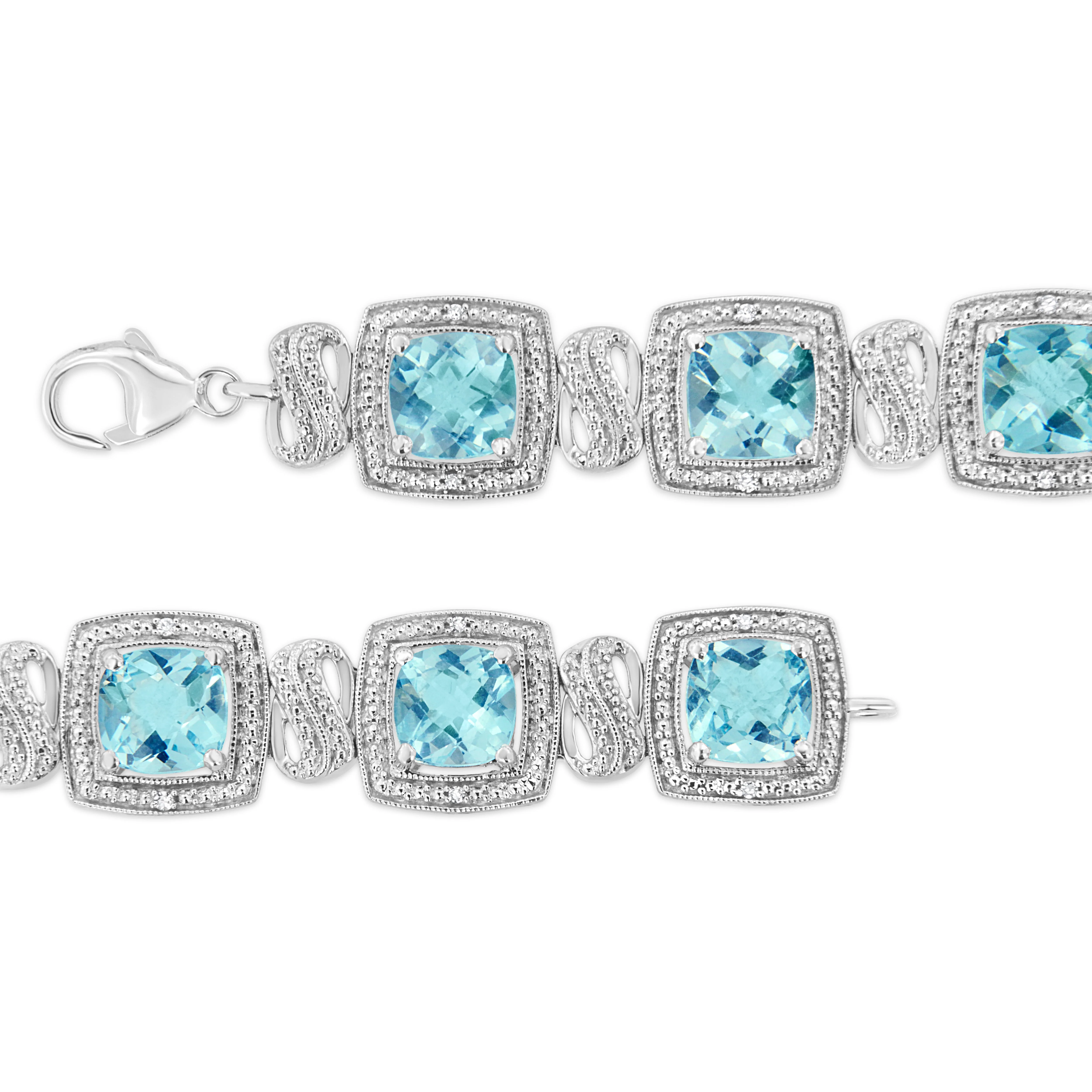 .925 Sterling Silver 7x7 mm Cushion Cut Blue Topaz and 1/10 Ctw Single Cut Diamond Square Shape Tennis Bracelet (I-J Color, I1-I2 Clarity) - 7" - Image 8