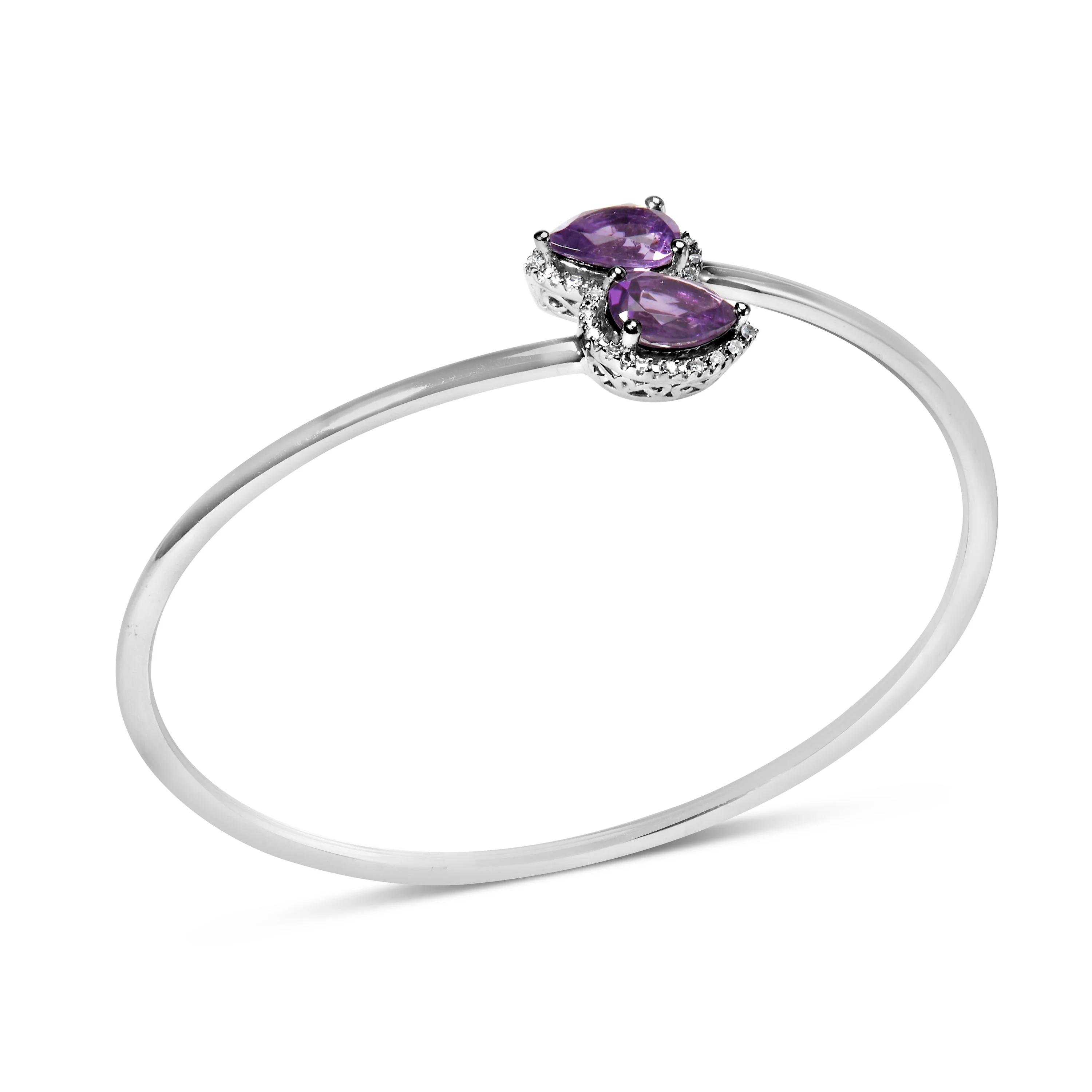 .925 Sterling Silver 8 x 5.5mm Pear Shape Amethyst and Diamond Accent Halo Bypass Bangle Bracelet (H-I Color, SI1-SI2 Clarity) - Fits up to 7" Inches - Image 7