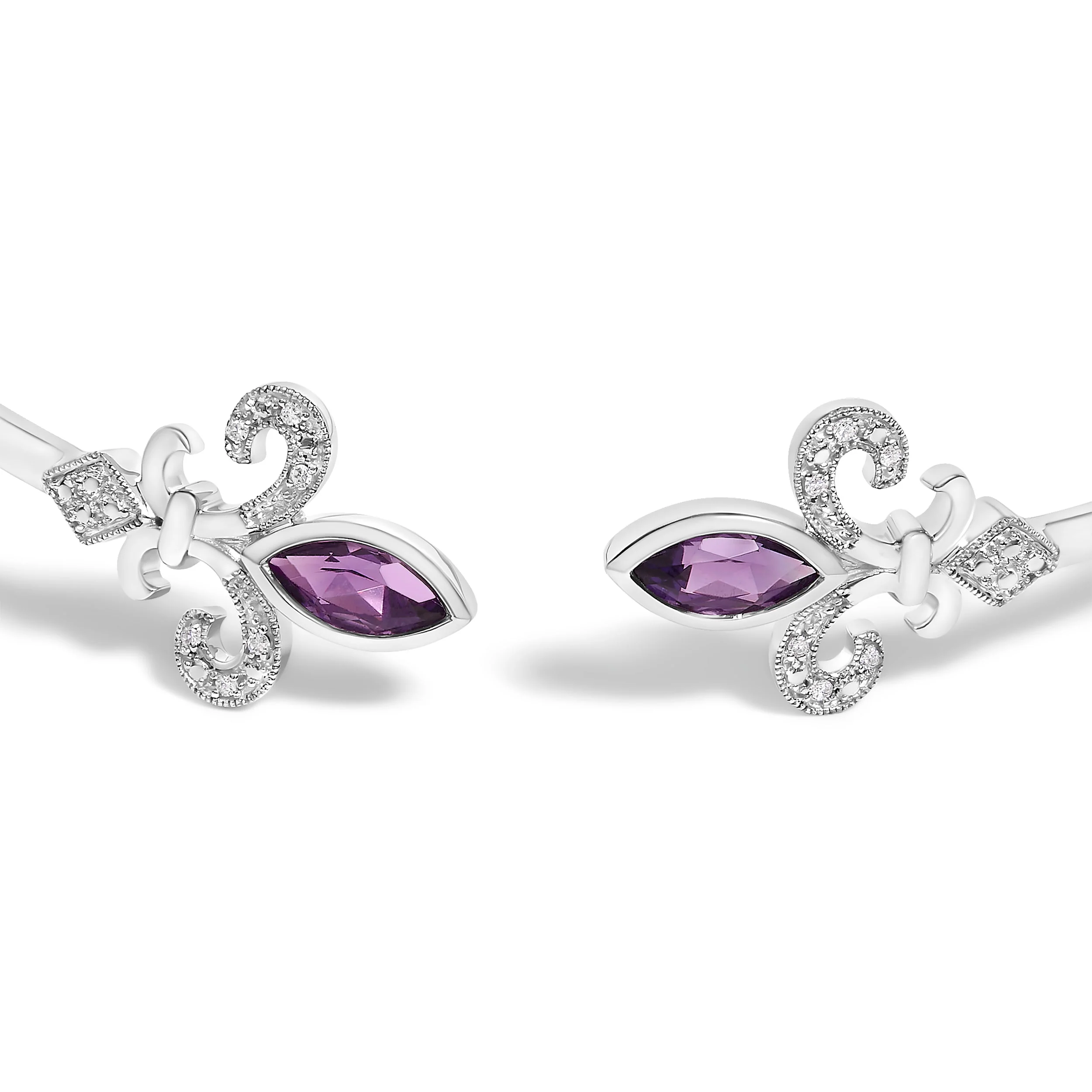 .925 Sterling Silver 8X4MM Marquise Purple Amethyst and Diamond Accent Fleur Di Lis Open Cuff Bangle (I-J Color, I1-I2 Clarity) - 7" - Image 2