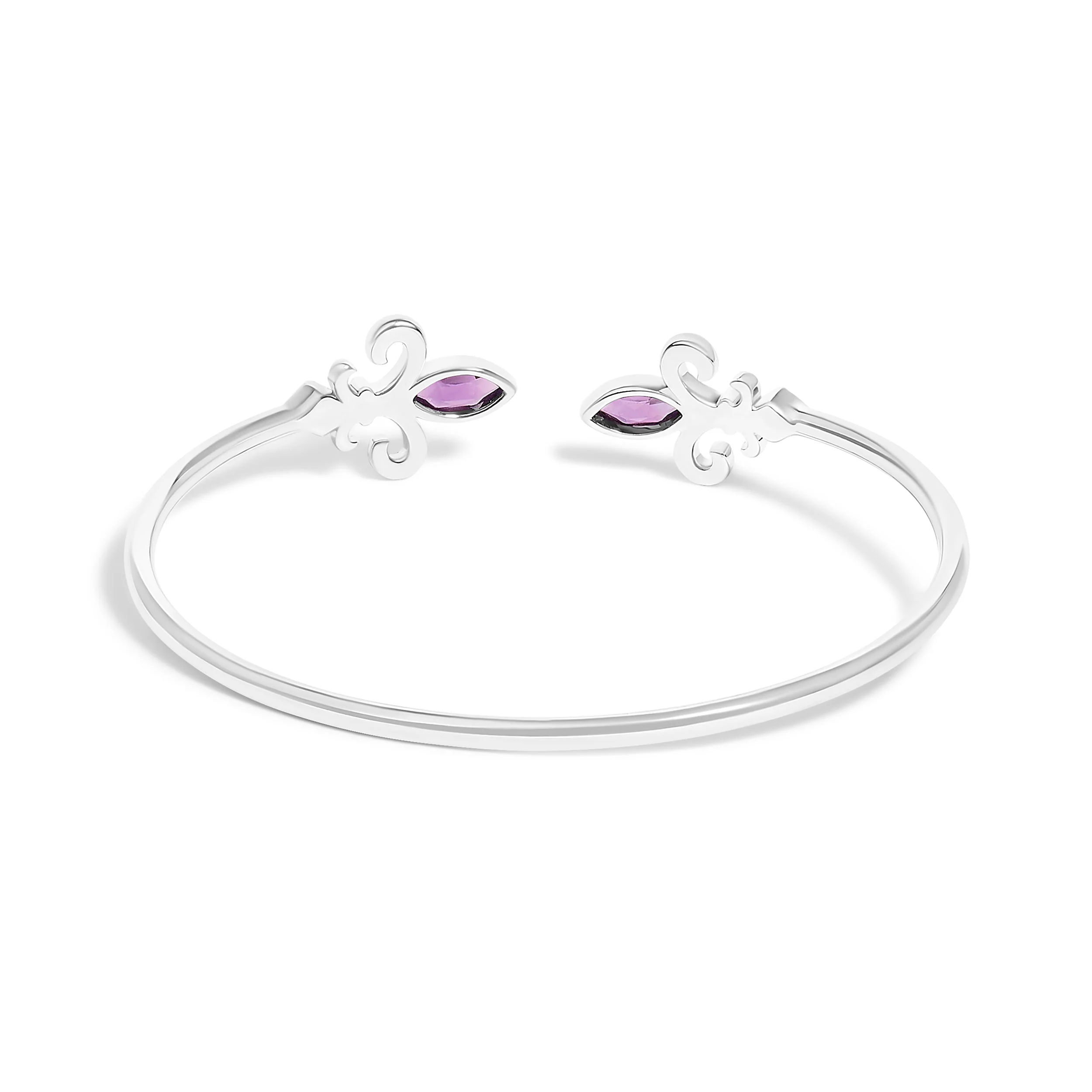 .925 Sterling Silver 8X4MM Marquise Purple Amethyst and Diamond Accent Fleur Di Lis Open Cuff Bangle (I-J Color, I1-I2 Clarity) - 7" - Image 4