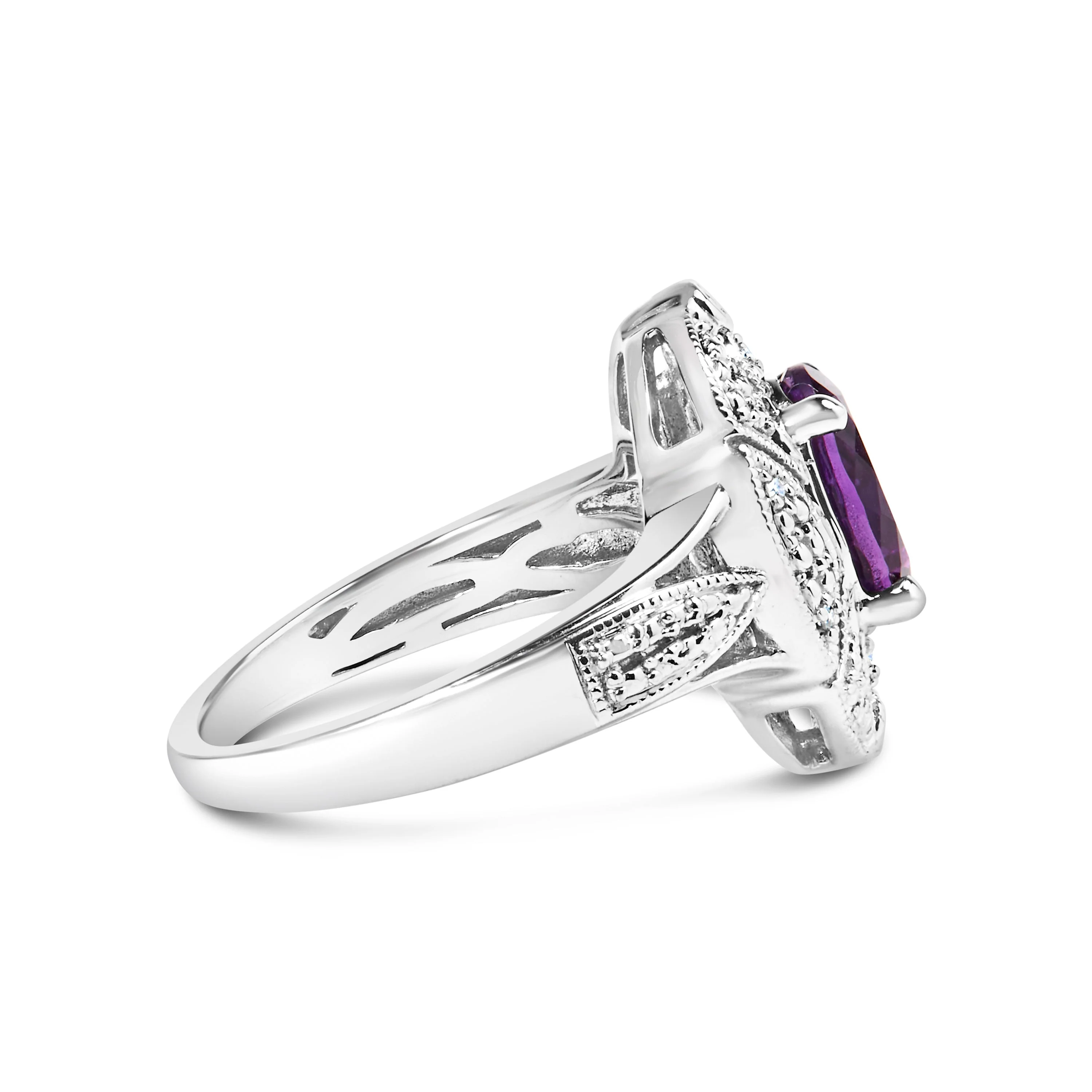.925 Sterling Silver 9x7mm Oval Purple Amethyst and Diamond Accent Art Deco Style Cocktail Ring (I-J Color, I1-I2 Clarity) - Size 6 - Image 2