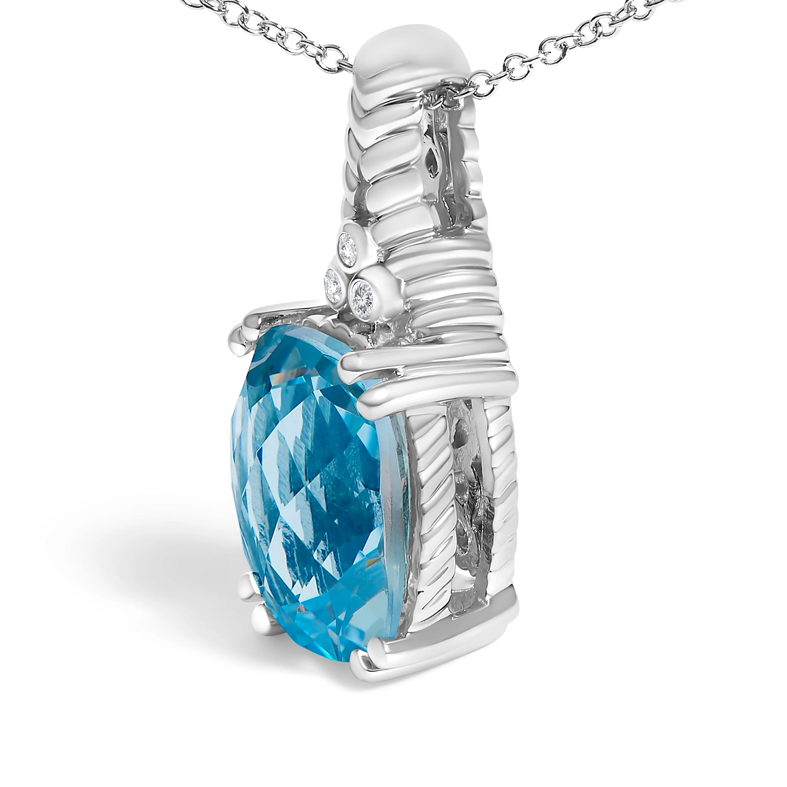 .925 Sterling Silver Blue Topaz and Diamond Accent Textured Pendant Necklace - 18" Inches - Image 3