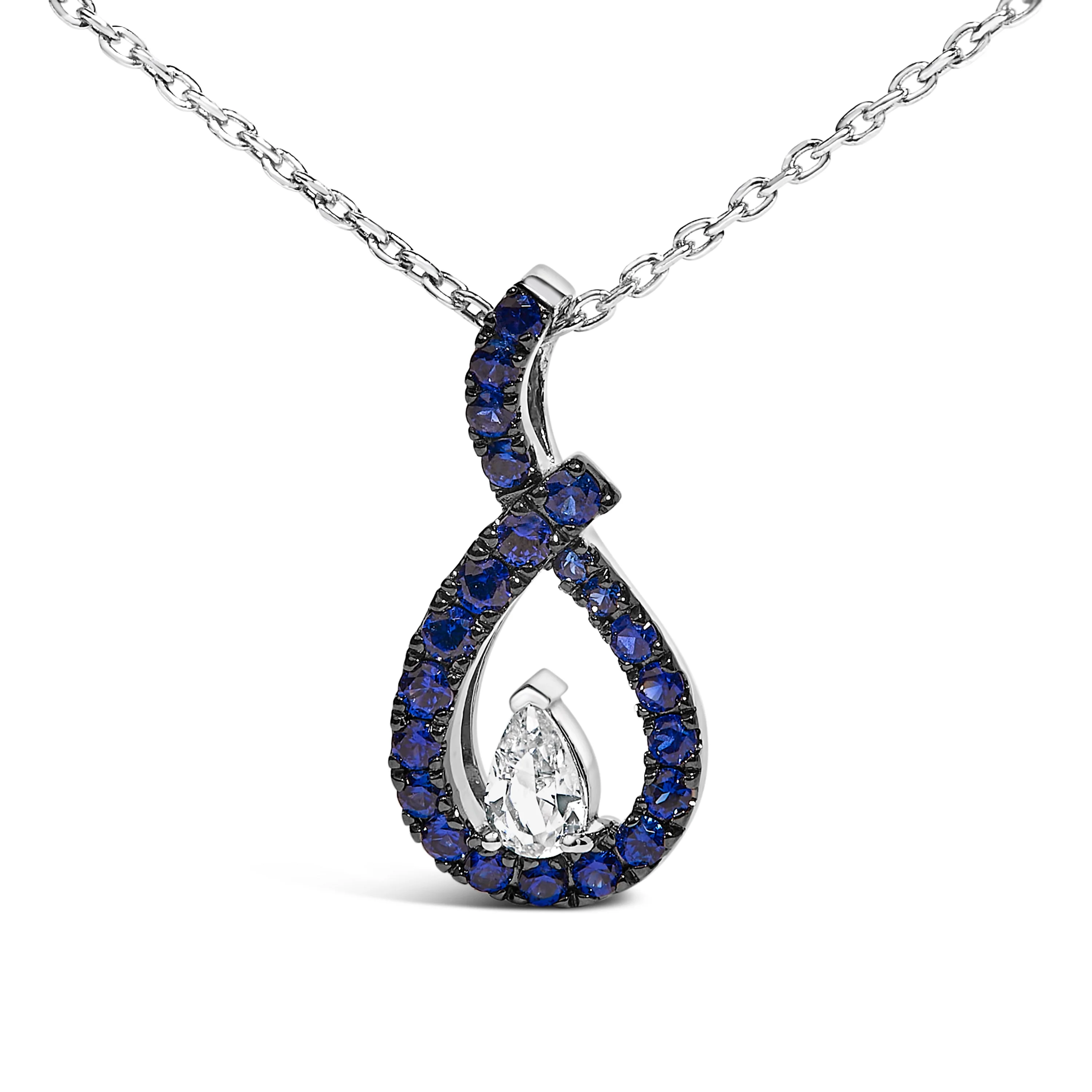 .925 Sterling Silver Created Blue and White Sapphire Teardrop Shaped Pendant Necklace - 18" Inches - Image 2