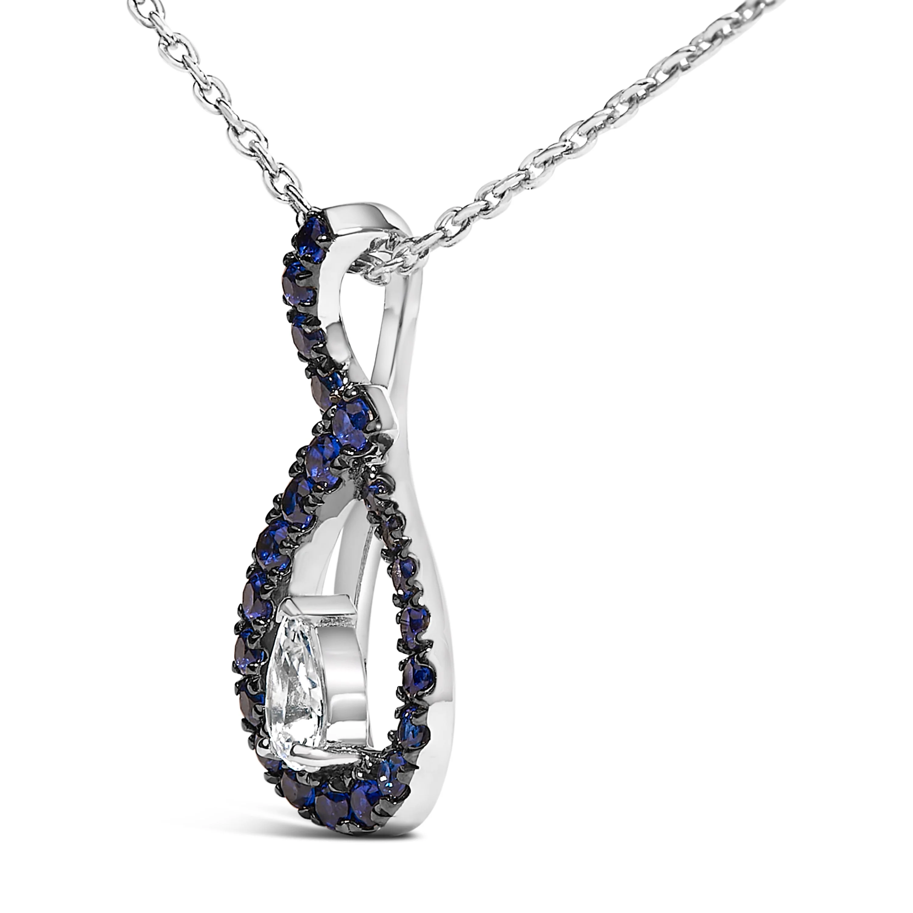.925 Sterling Silver Created Blue and White Sapphire Teardrop Shaped Pendant Necklace - 18" Inches - Image 3