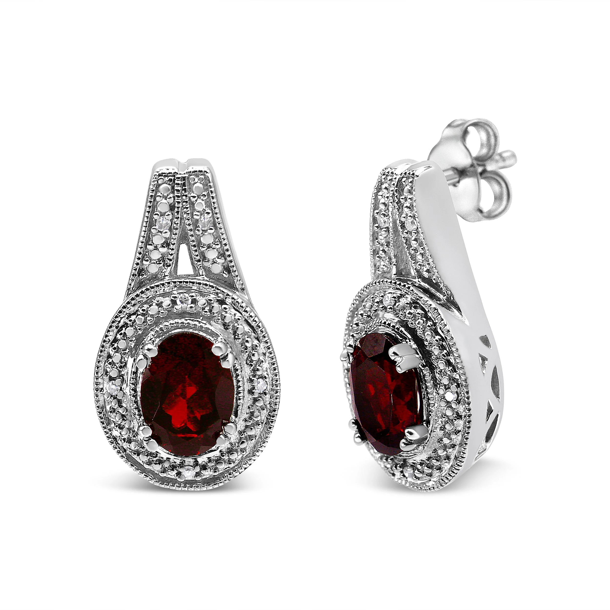 .925 Sterling Silver Diamond Accent and 8x6mm Red Oval Garnet Stud Earrings (I-J Color, I1-I2 Clarity) - Image 6