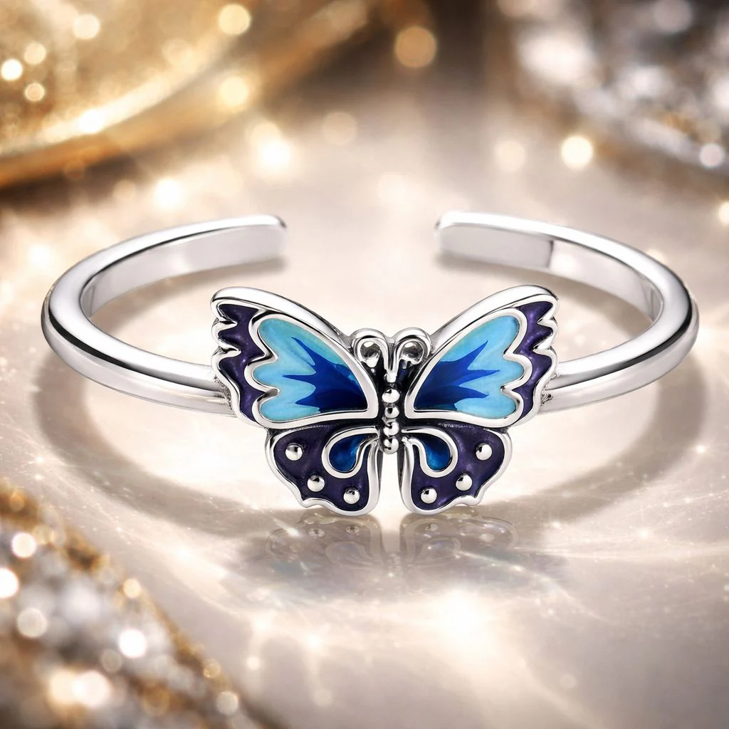 925 Sterling Silver Enamel Oxidized Silver Butterfly Rings - Image 2