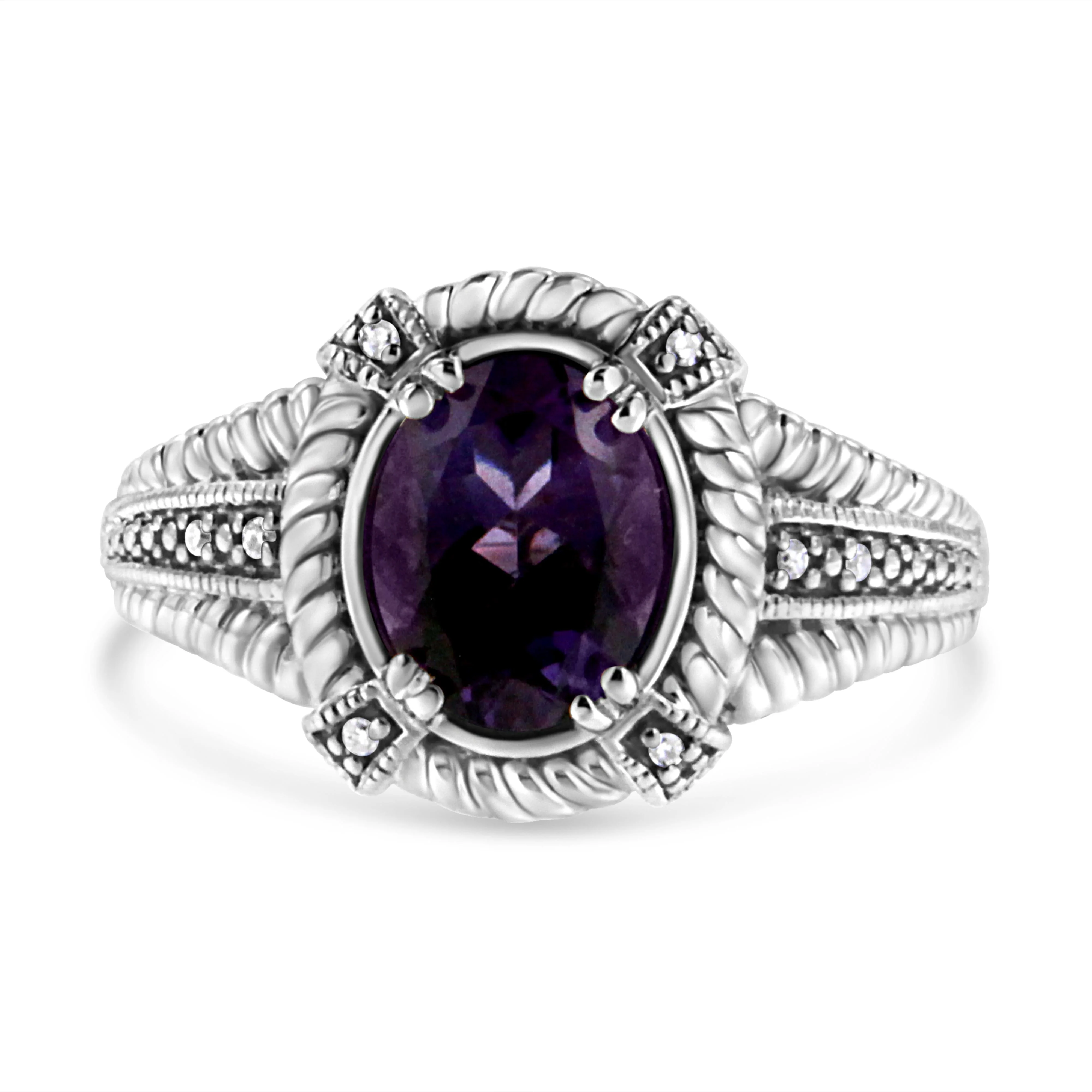 .925 Sterling Silver Prong Set Natural Oval Shape 9X7 MM Purple Amethyst Solitaire and Diamond Accent Ring (I-J Color, I1-I2 Clarity) - Ring Size 7 - Image 4