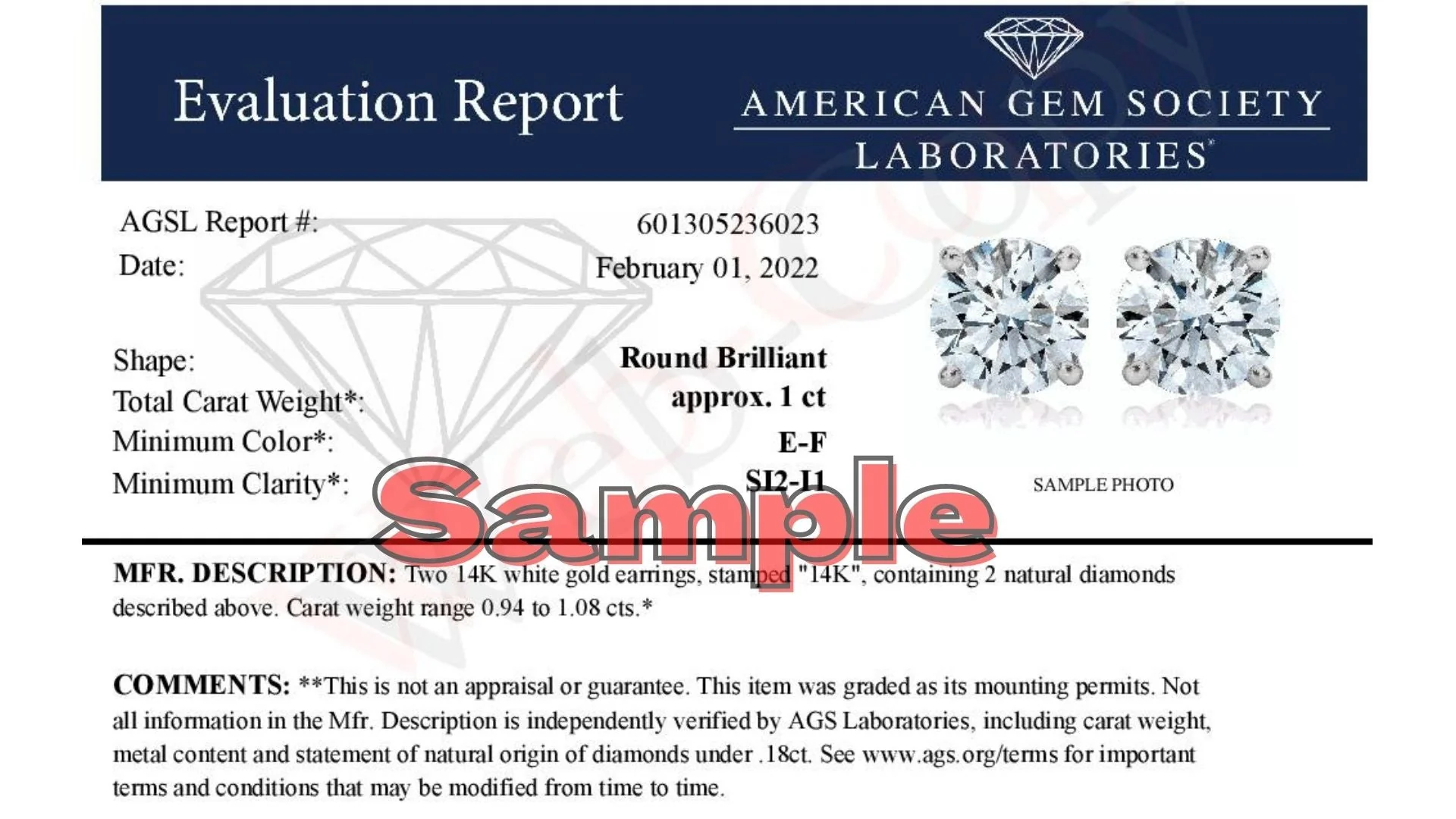 AGS Certified 14K White Gold 1.0 Cttw 4-Prong Set Brilliant Round-Cut Solitaire Diamond Push Back Stud Earrings (E-F Color, SI2-I1 Clarity) - Image 8
