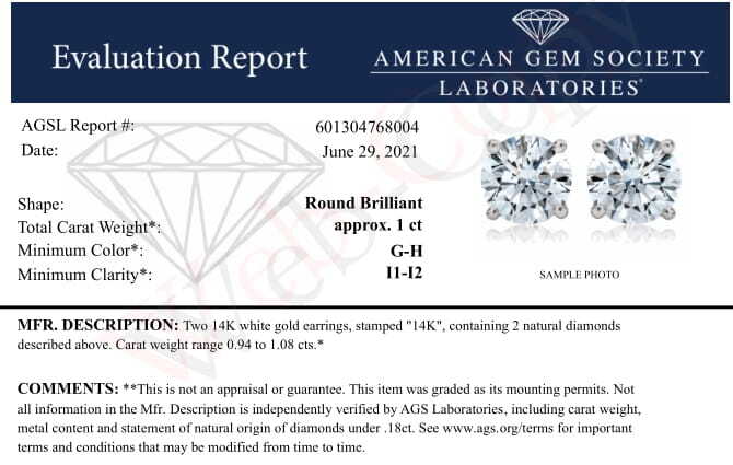 AGS Certified 14K White Gold 1.0 cttw 4-Prong Set Brilliant Round-Cut Solitaire Diamond Push Back Stud Earrings (G-H Color, I1-I2 Clarity) - Image 4