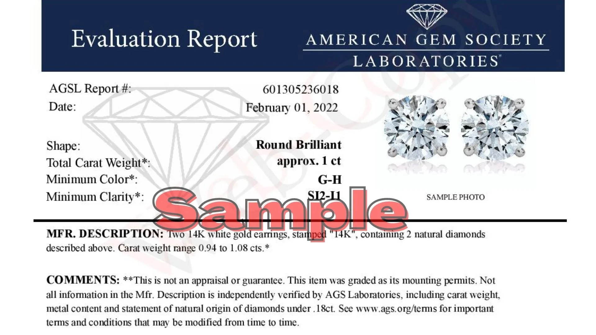 AGS Certified 14K White Gold 1.0 Cttw 4-Prong Set Brilliant Round-Cut Solitaire Diamond Push Back Stud Earrings (G-H Color, SI2-I1 Clarity) - Image 5