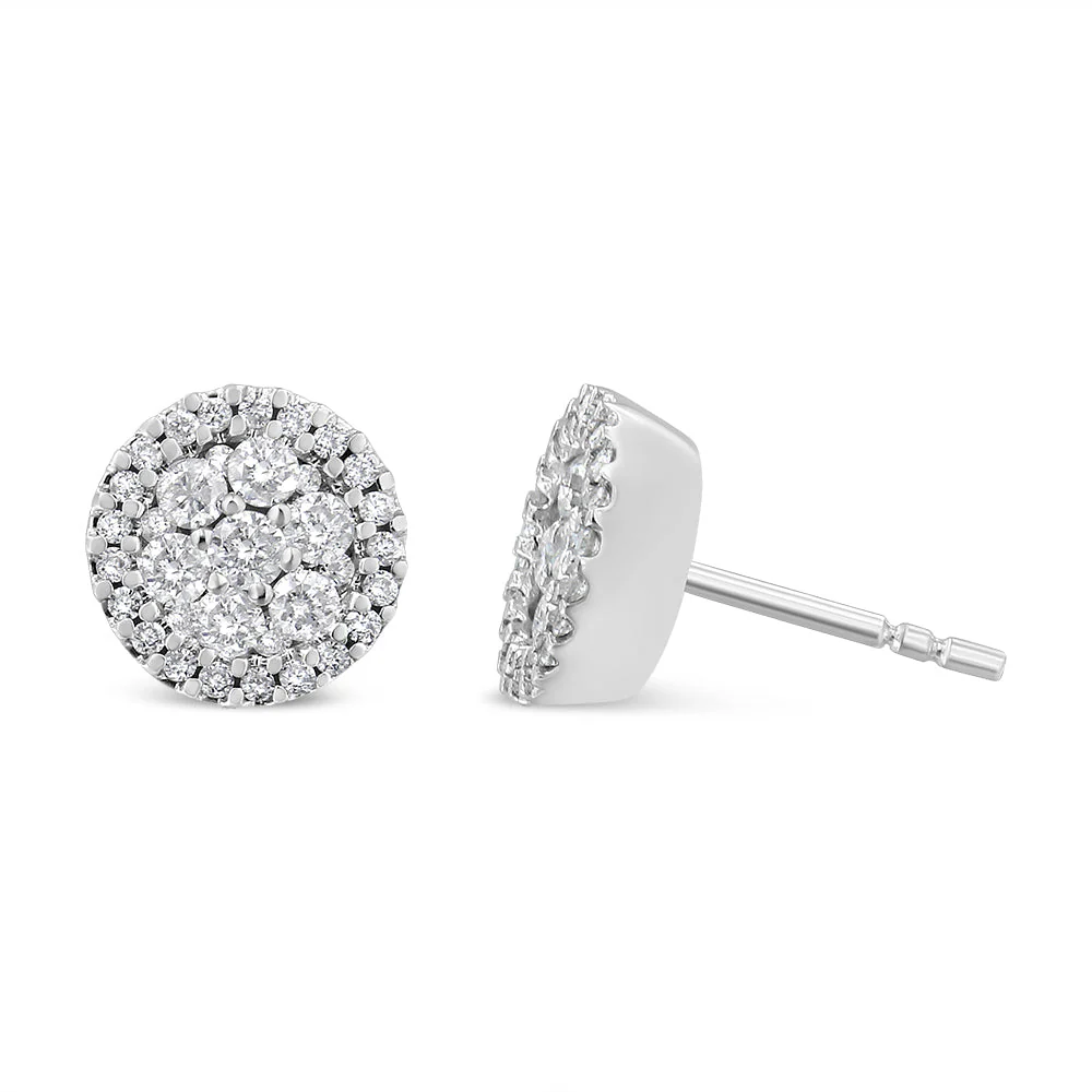 AGS Certified 14K White Gold 1.0 Cttw Brilliant-Cut Diamond Halo-Style Cluster Round Button Stud Earrings (G-H Color, I1-I2 Clarity) - Image 3