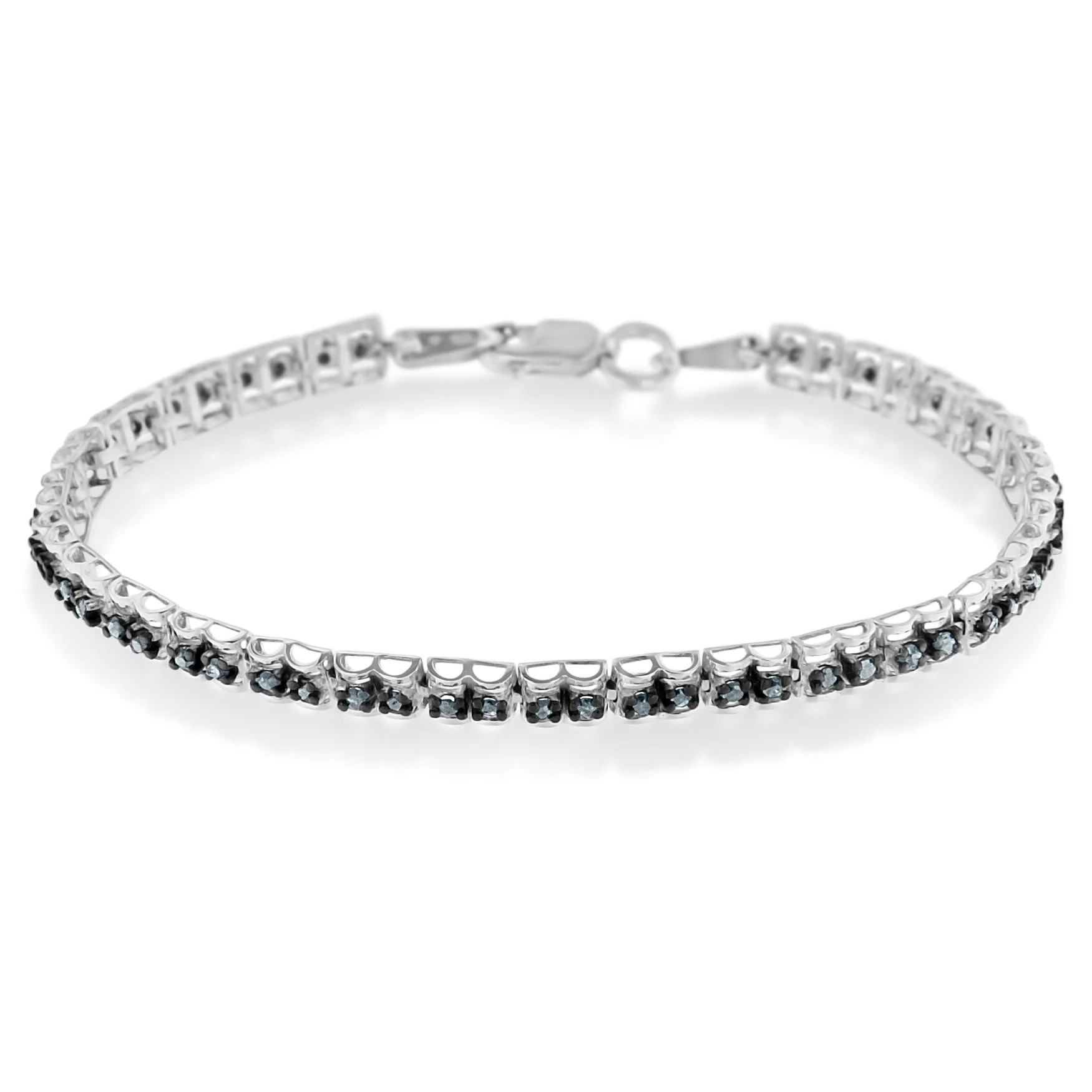Black Rhodium over .925 Sterling Silver 1.0 Cttw Rose Cut Diamond Double-Link 7" Tennis Bracelet (Blue Color, I1-I2 Clarity) - Image 2