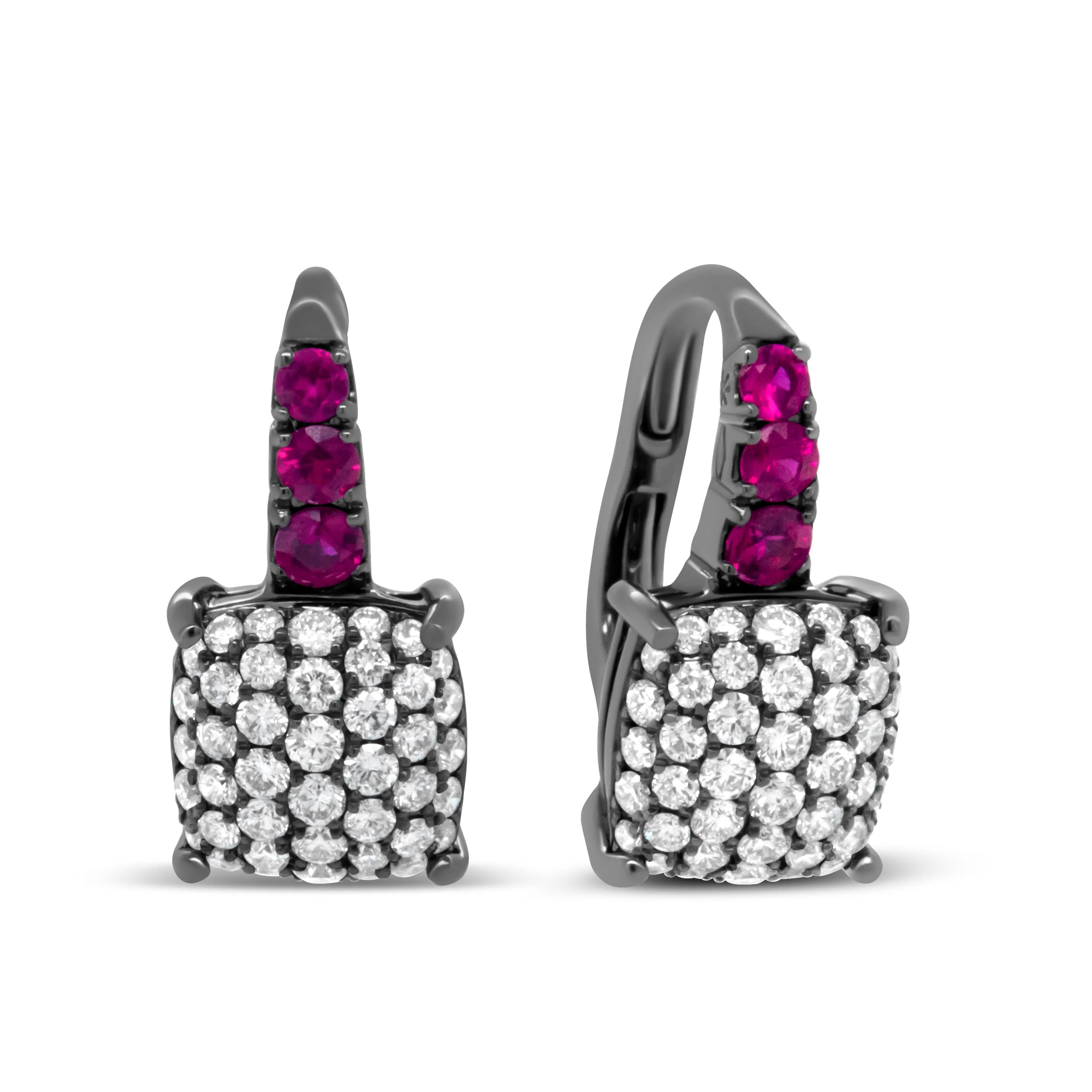Black Rhodium Plated 18K White Gold 7/8 Cttw Round Diamond and Graduated Red Ruby Drop Earrings (F-G Color, VS1-VS2 Clarity) - Image 2