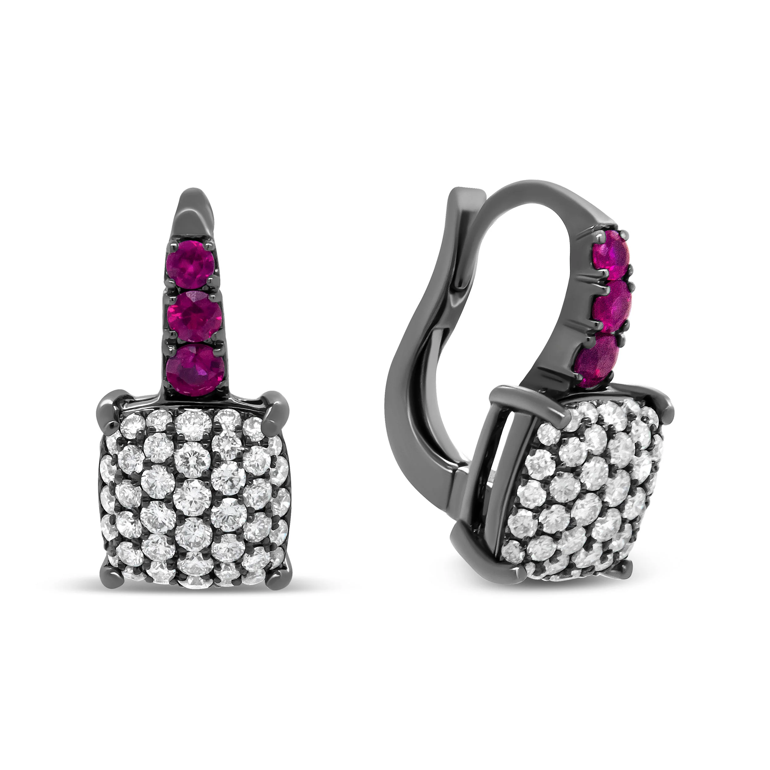 Black Rhodium Plated 18K White Gold 7/8 Cttw Round Diamond and Graduated Red Ruby Drop Earrings (F-G Color, VS1-VS2 Clarity) - Image 3