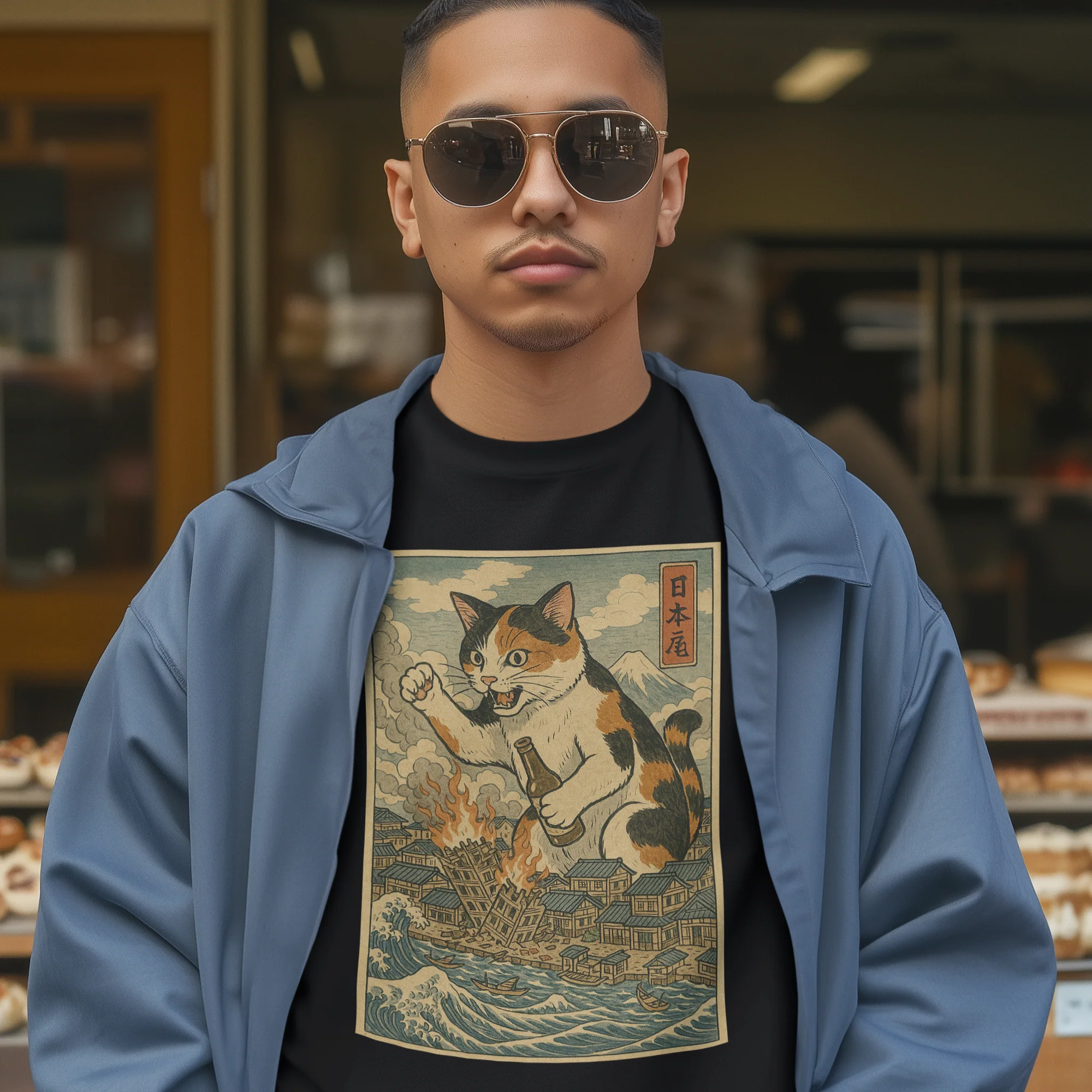 Cat Destroying City Ukiyo-E T-Shirt - Image 2