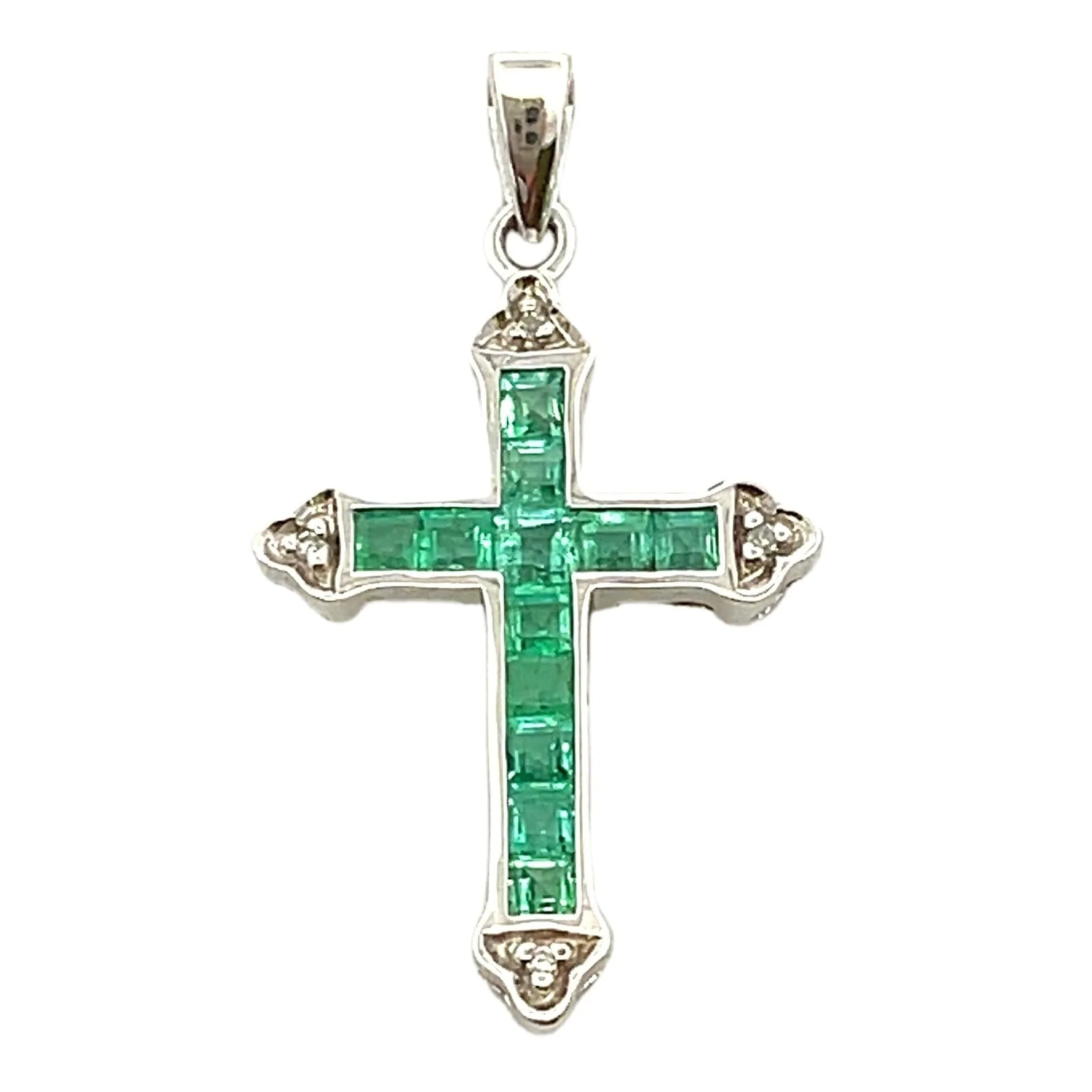 Emerald Diamond Cross Religious Pendant 10KT White Gold - Image 2