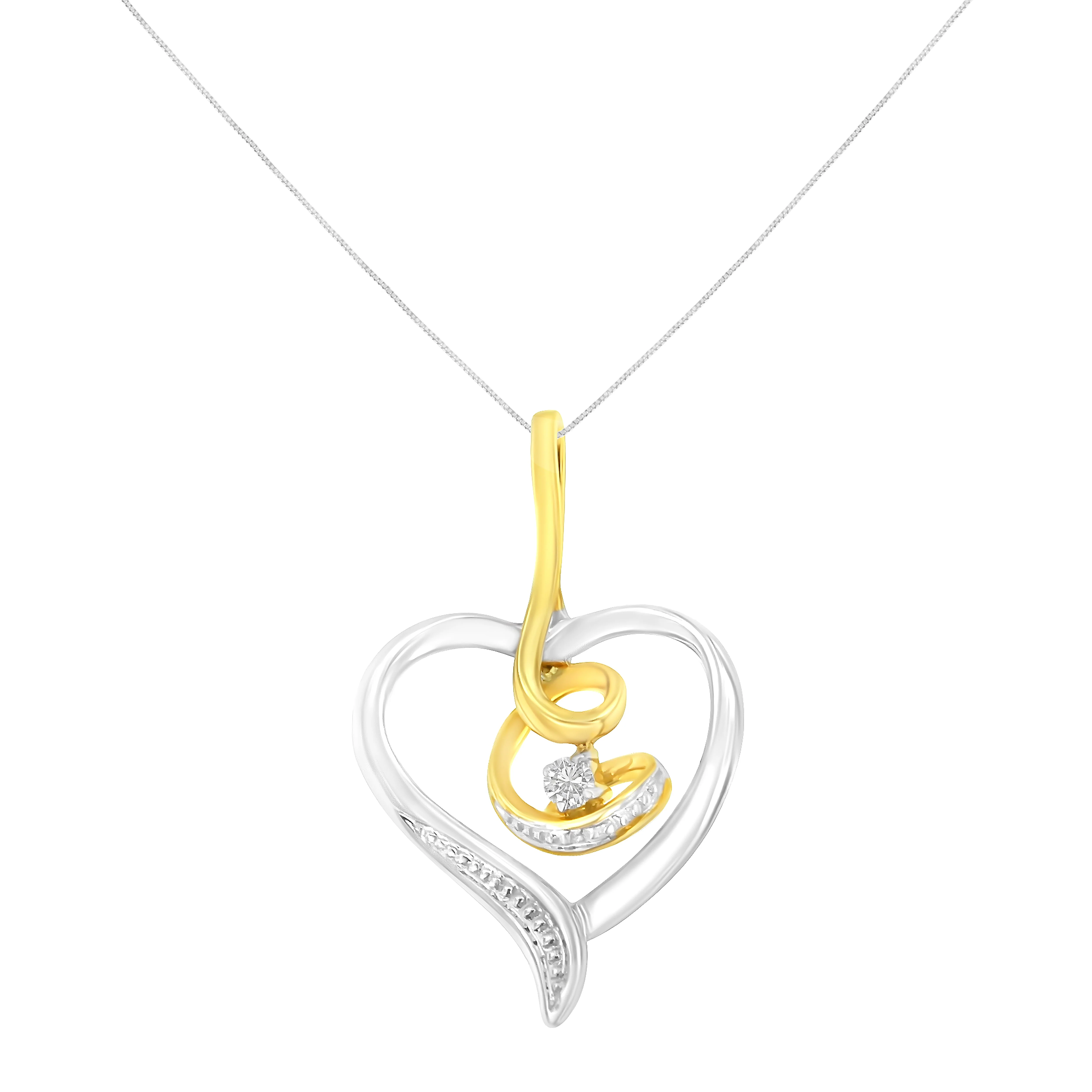 Espira 10K Two-Tone Yellow & White Gold .03 Cttw Diamond-Accented Round-Cut Diamond Swirl Open Heart 18" Pendant Necklace (I-J Color, I2-I3 Clarity) - Image 5