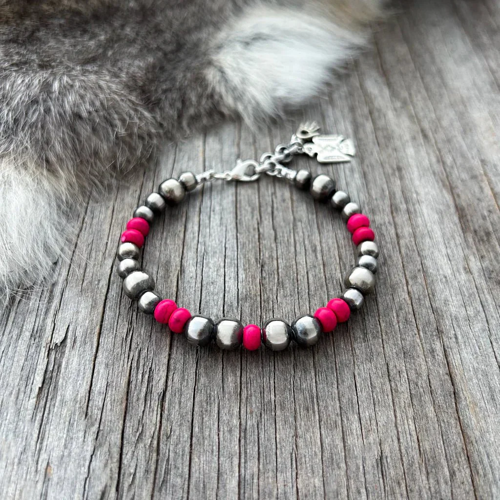 Hot Pink Silver Bead Bracelet - Image 3
