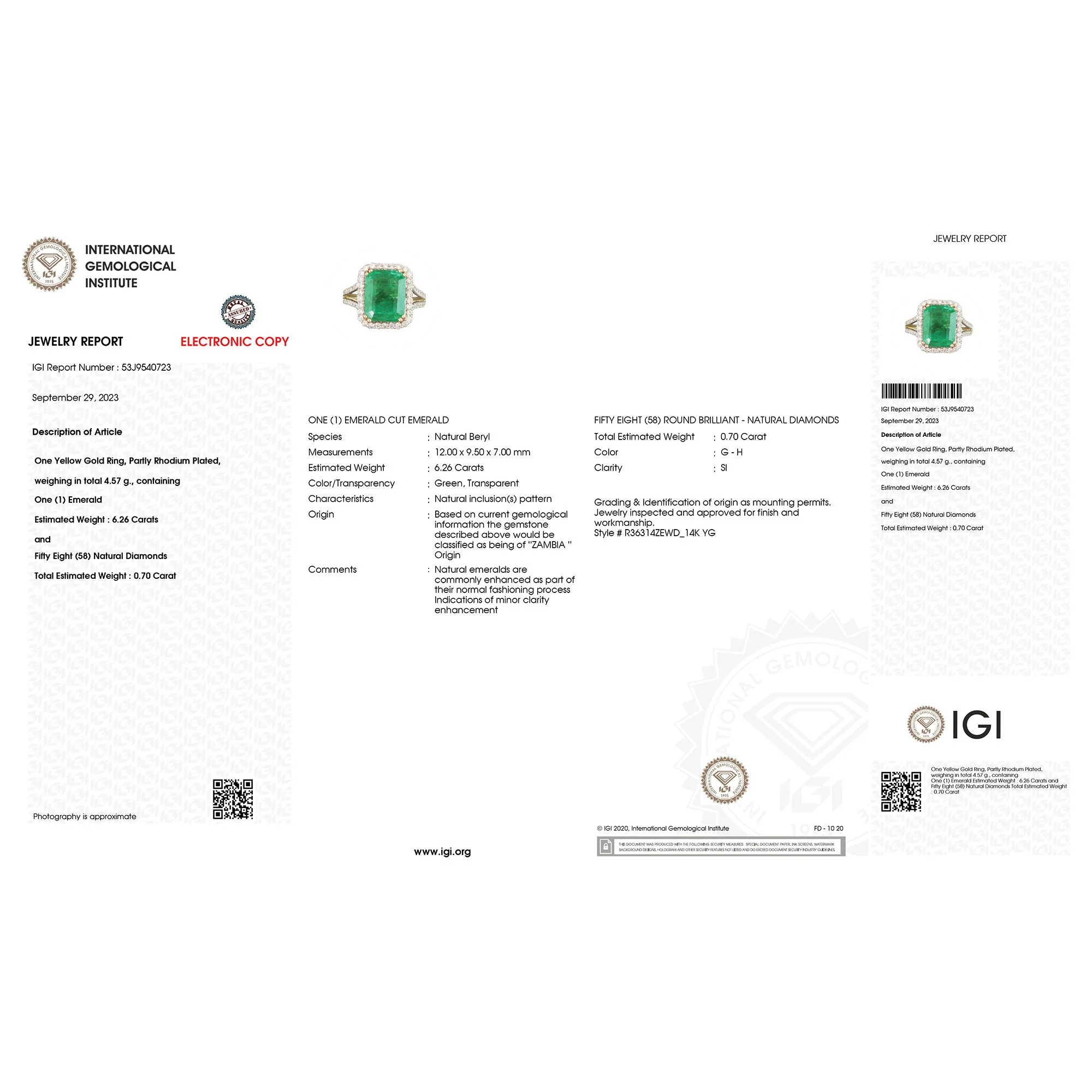 IGI Certified 6.96 Carat Genuine Zambian Emerald and White Diamond 14K Yellow Gold Ring - Image 2