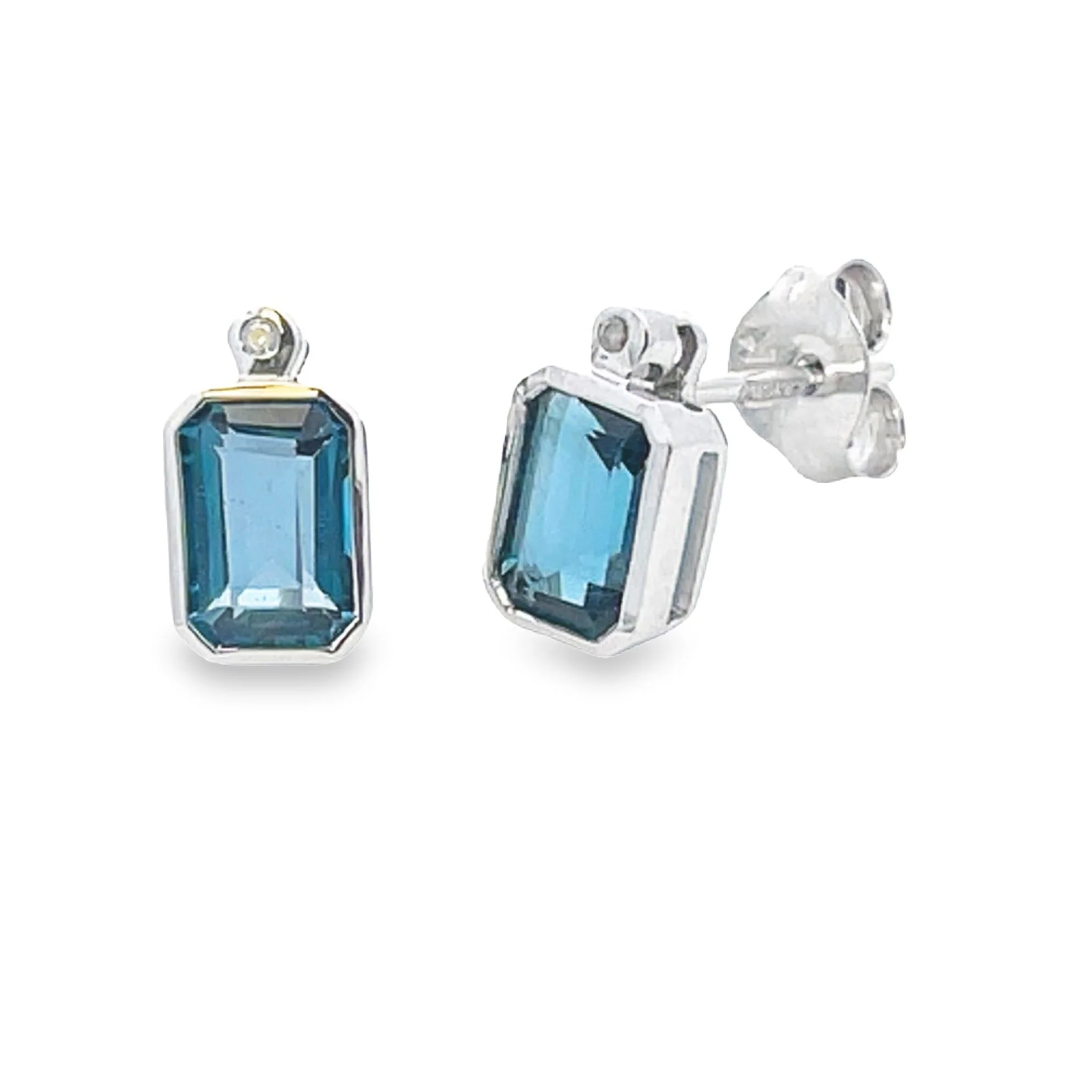 London Blue Topaz Diamond Stud Earrings 10KT White Gold - Image 2