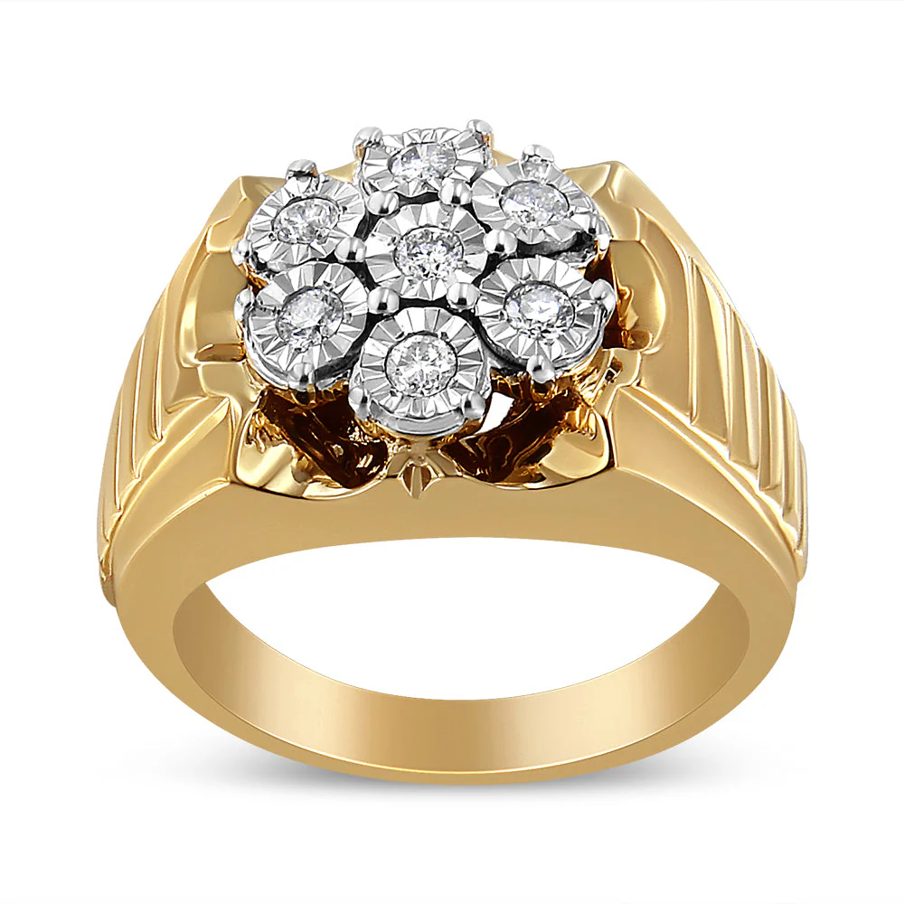 Men's 14K Yellow Gold Plated .925 Sterling Silver 1/3 Cttw Miracle-Set Floral Diamond Cluster Ring (I-J Color, I1-I2 Clarity) - Size 10 - Image 2