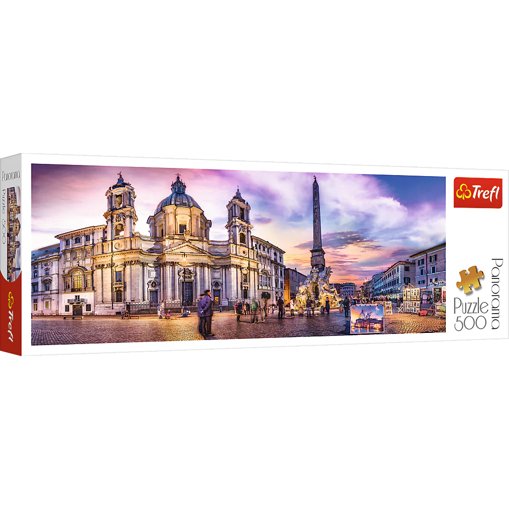 Panorama 500 Piece Jigsaw Puzzle, Piazza Navona, Rome, Italy, Fountain of the Four Rivers, European Cities Puzzle, Adult Puzzles, Trefl 29501