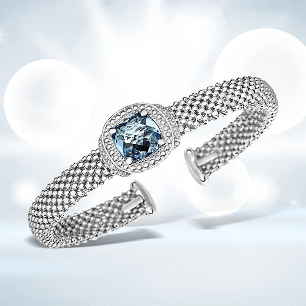 Popcorn Texture Cuff Bangle with Blue Topaz and Diamonds in Sterling Silver - Image 6