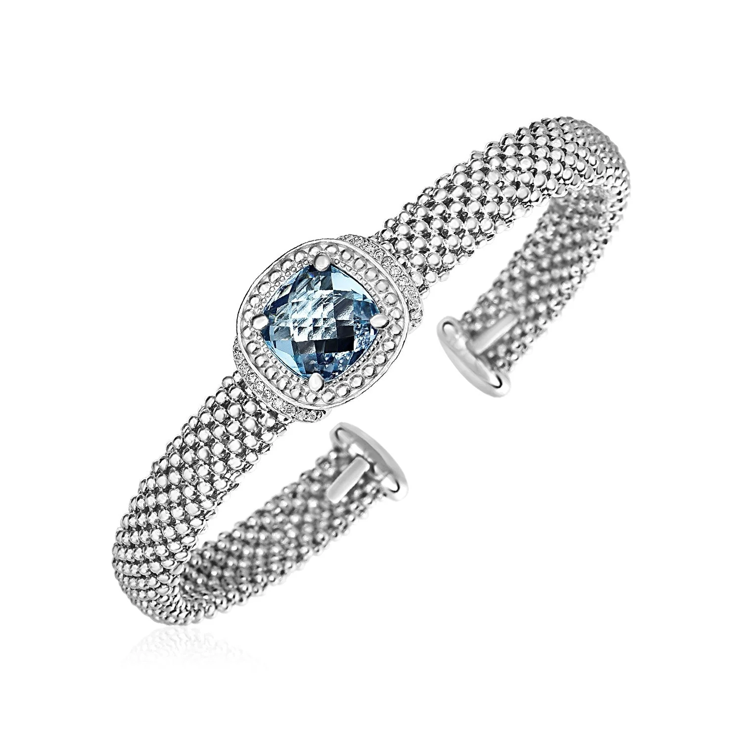 Popcorn Texture Cuff Bangle with Blue Topaz and Diamonds in Sterling Silver - Image 7