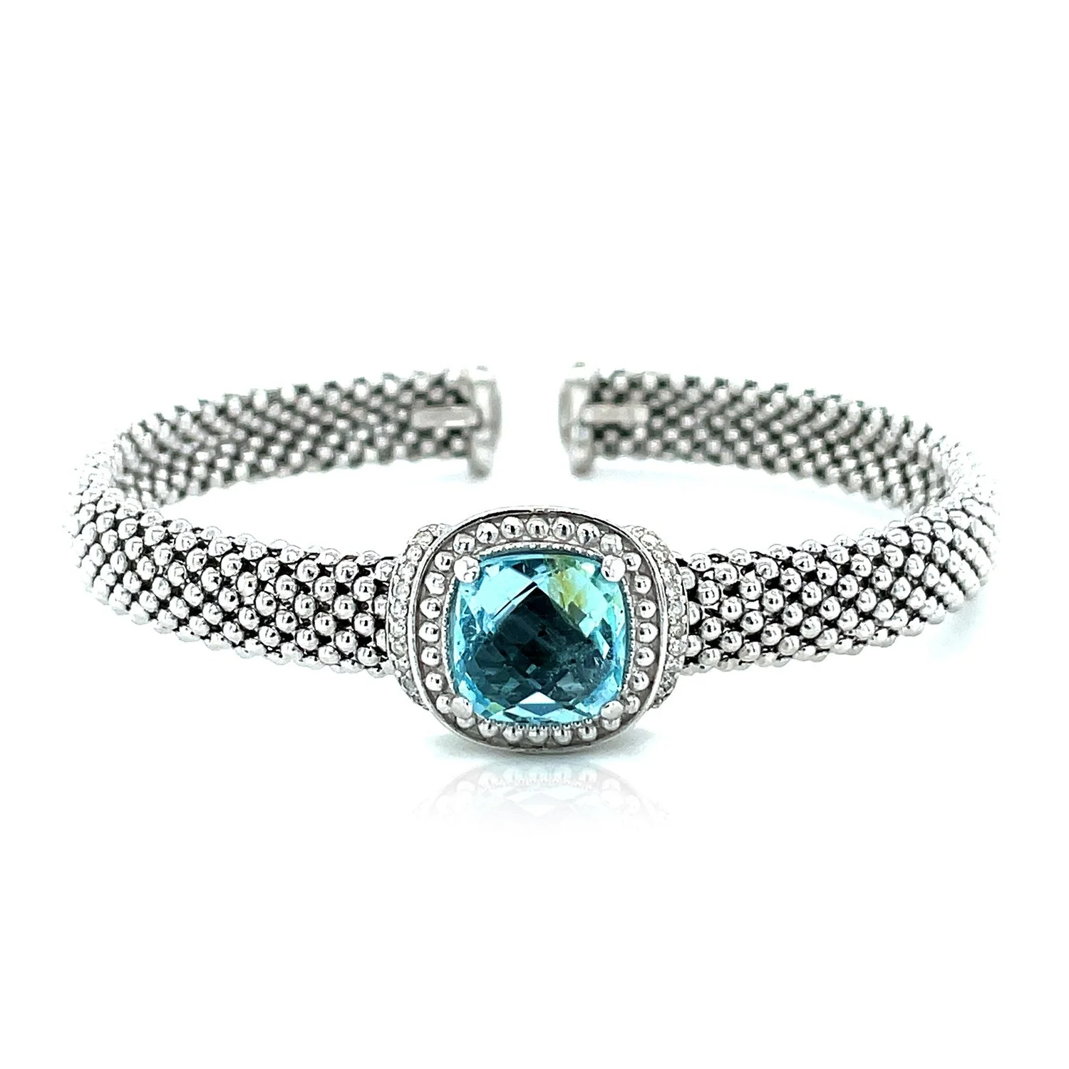 Popcorn Texture Cuff Bangle with Blue Topaz and Diamonds in Sterling Silver - Image 8