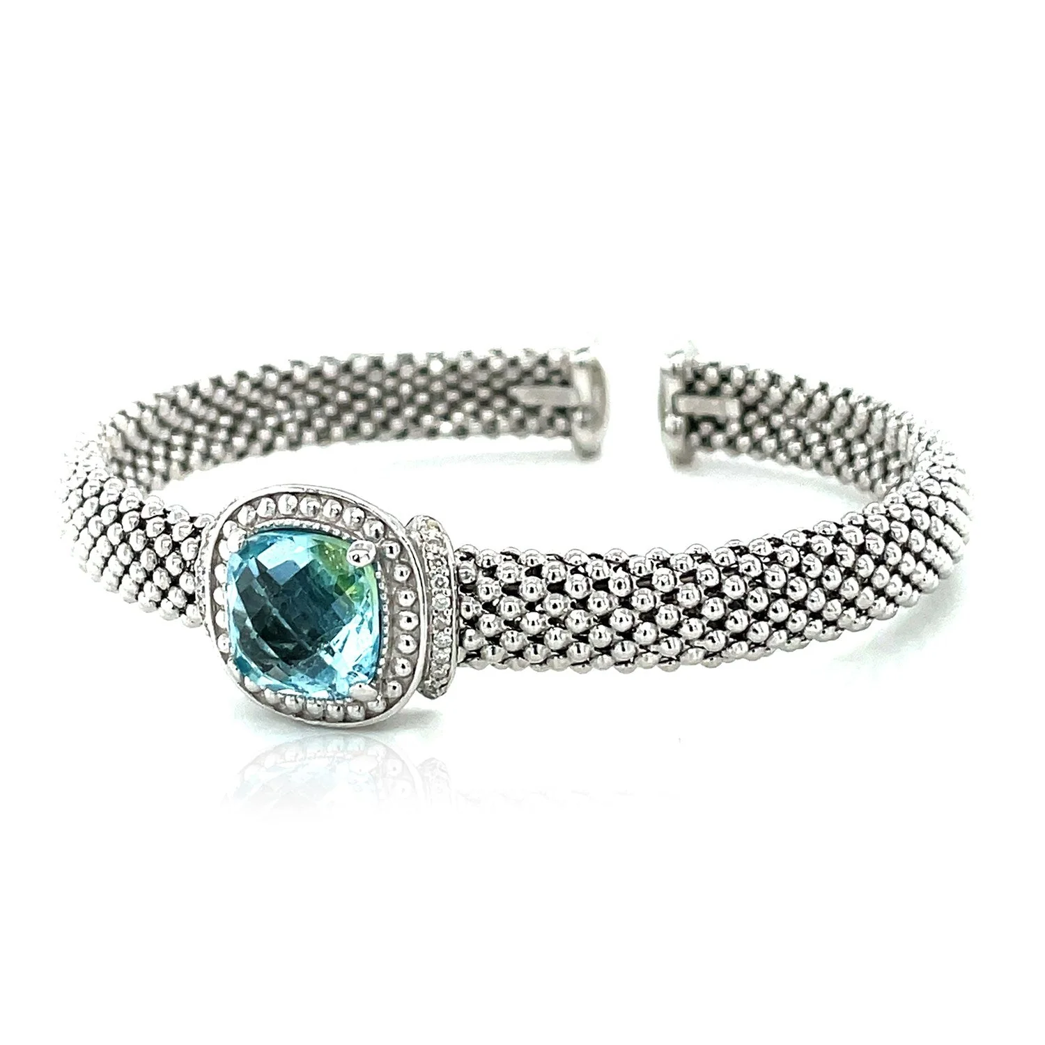 Popcorn Texture Cuff Bangle with Blue Topaz and Diamonds in Sterling Silver - Image 9