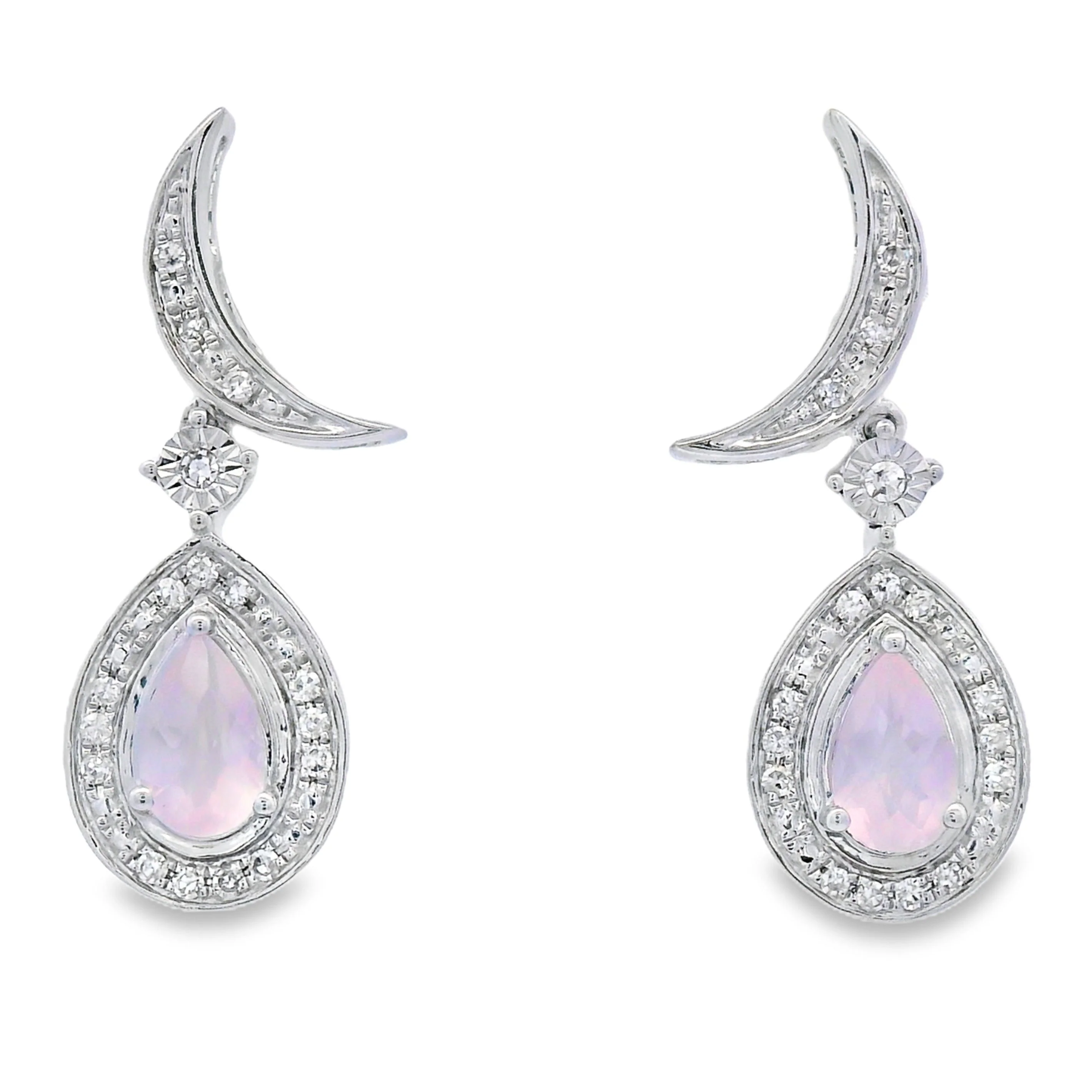 Rose Quartz Diamond Dangle Earrings 10KT White Gold