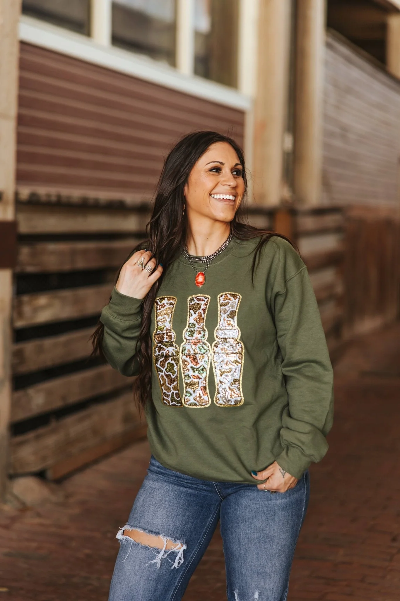 Sequin Hunting Duck Calls Patch Sweatshirt - Image 4