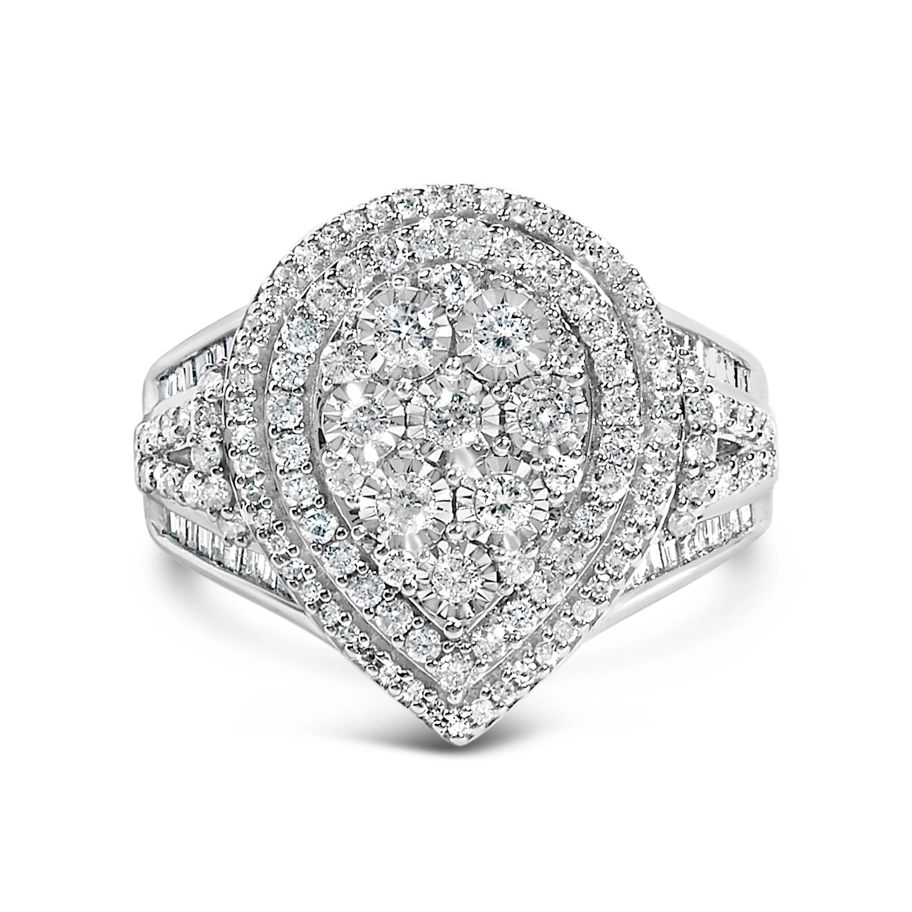 Sterling Silver 1 Cttw Diamond Pear-Shaped Triple Halo Cluster Ring