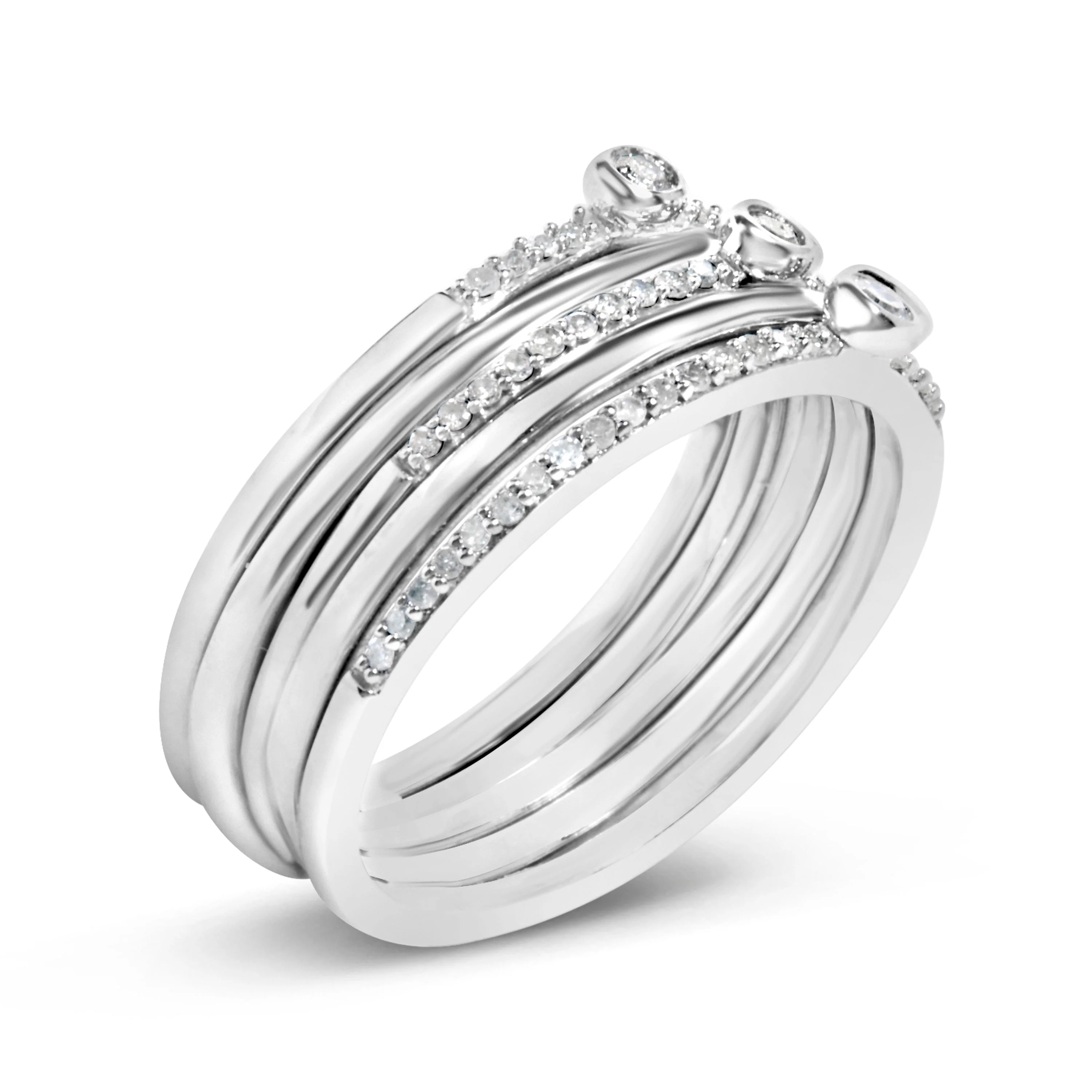 Sterling Silver 3/8 Cttw Diamond Bezel and Pave Set Stackable Ring Set - Image 3