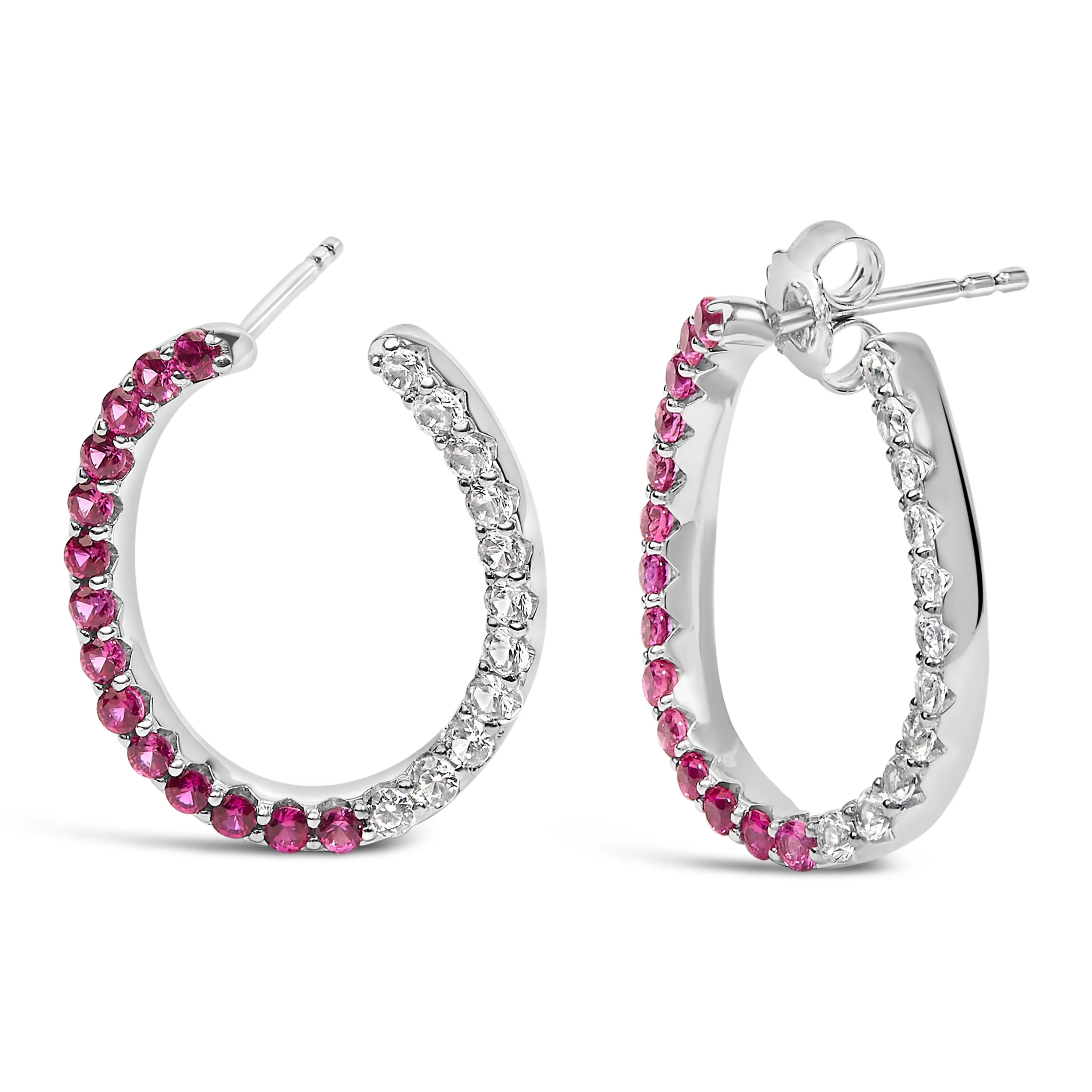 Sterling Silver Lab Created Ruby and White Sapphire Hoop Earrings - Image 2