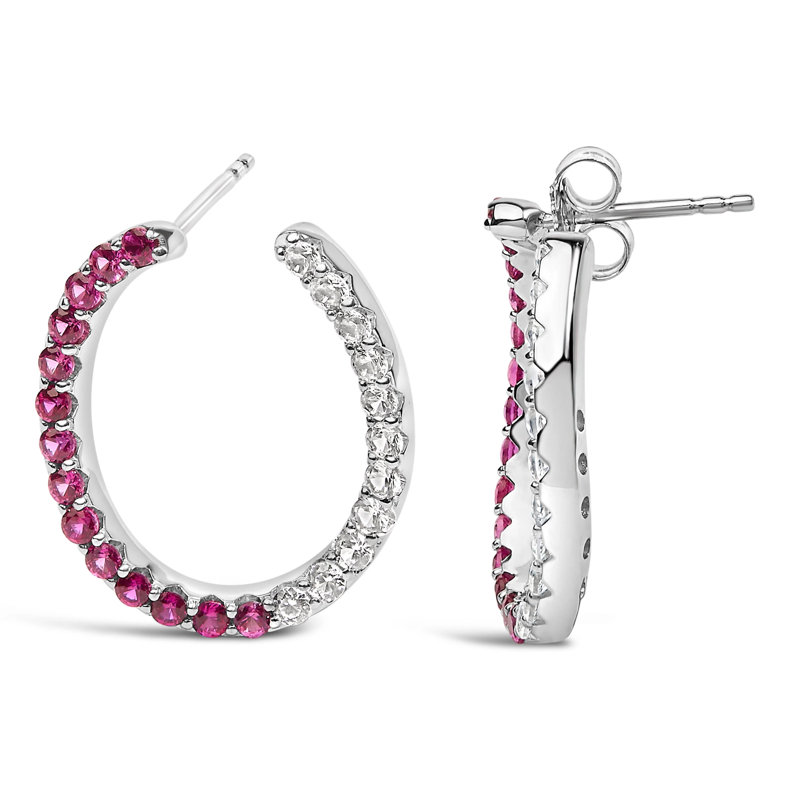 Sterling Silver Lab Created Ruby and White Sapphire Hoop Earrings - Image 3