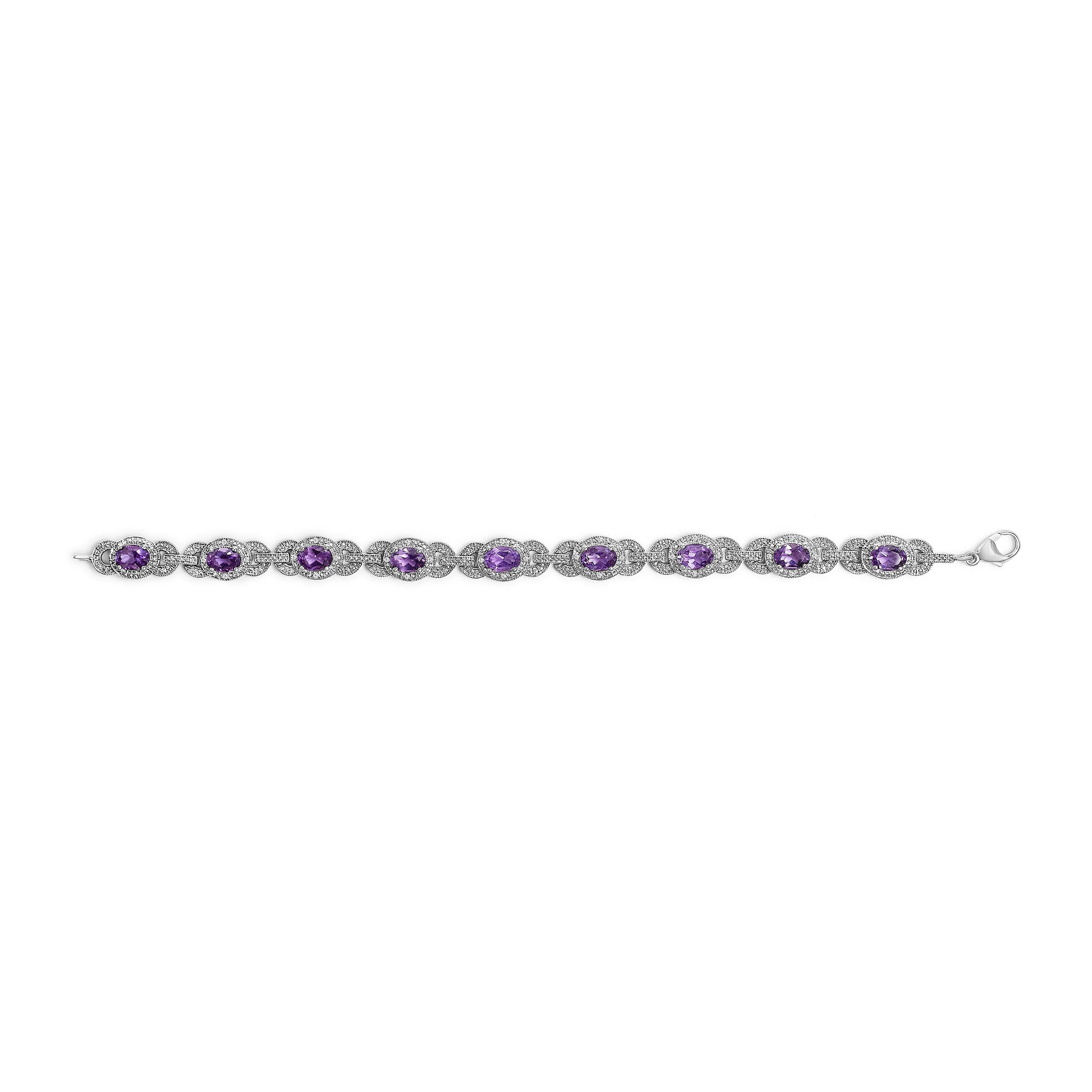 Sterling Silver Oval Purple Amethyst and Diamond Interlocking Halo Link Bracelet - Image 3