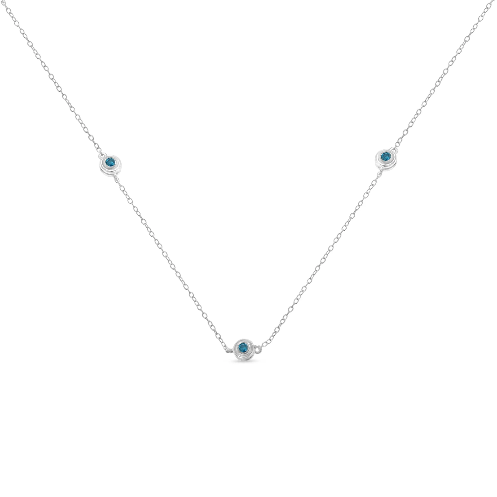 Sterling Silver Treated Blue Color Diamond Station Necklace (1/2 cttw, Blue Color, I2-I3 Clarity) - Image 2