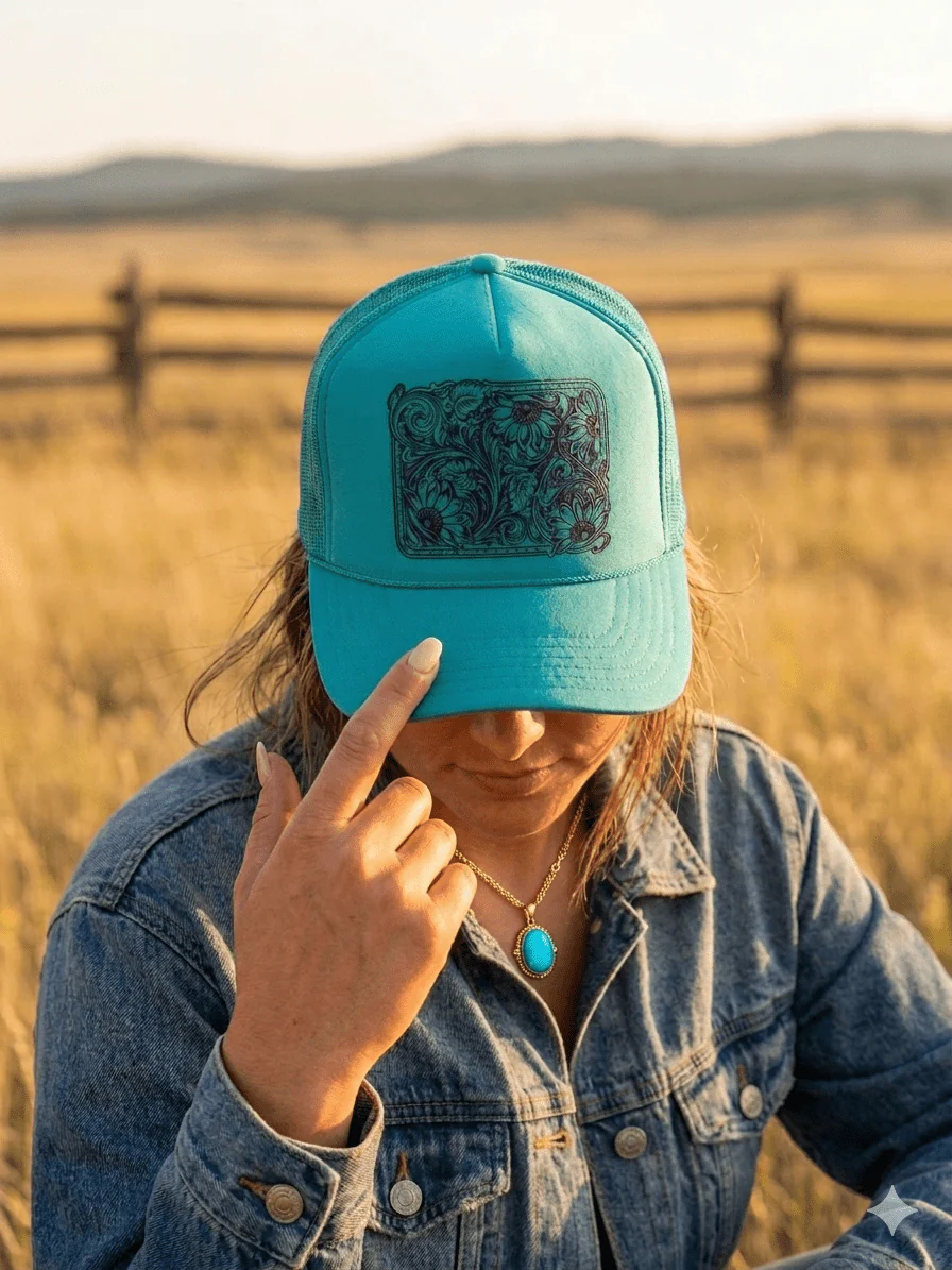 Sunflower Tooled Leather Trucker Hat - Image 3