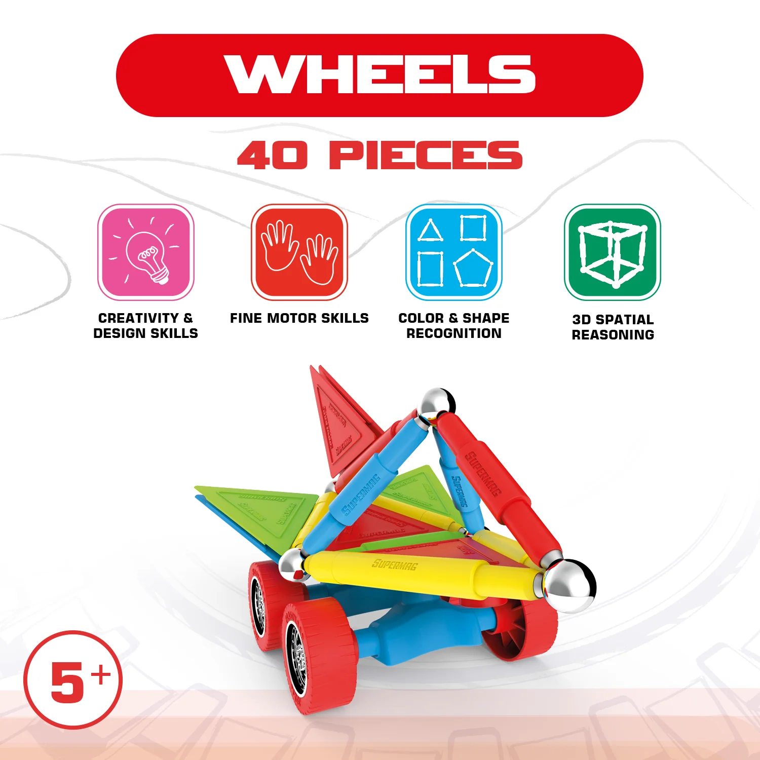 Tinamiri Supermag - Wheels 40 - Magnetic Building Set, Educational construction fun, 40 piece set, Magnet Toys, 0660 - Image 6